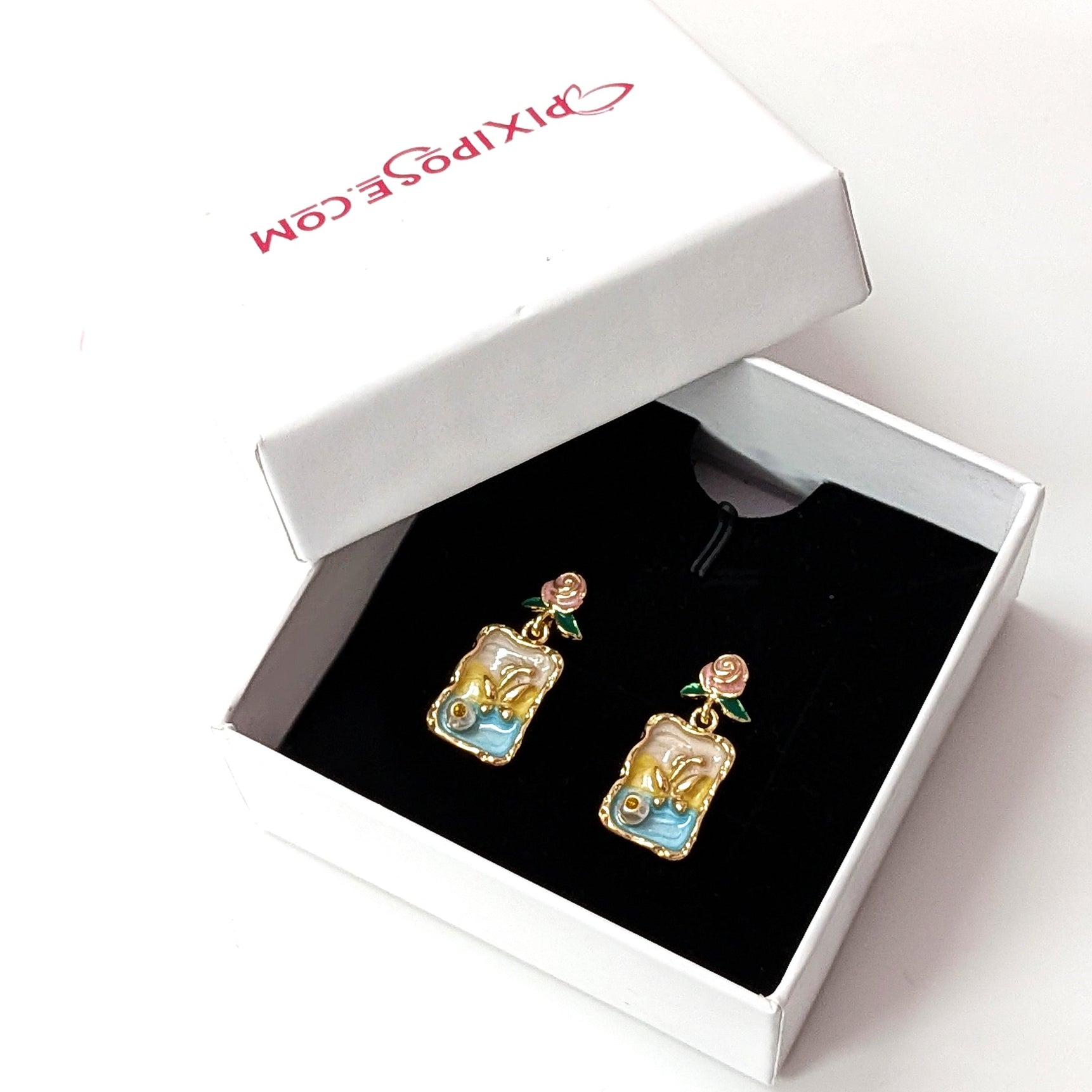 Golden Vintage Rose & Blue Enamel Drop Earrings