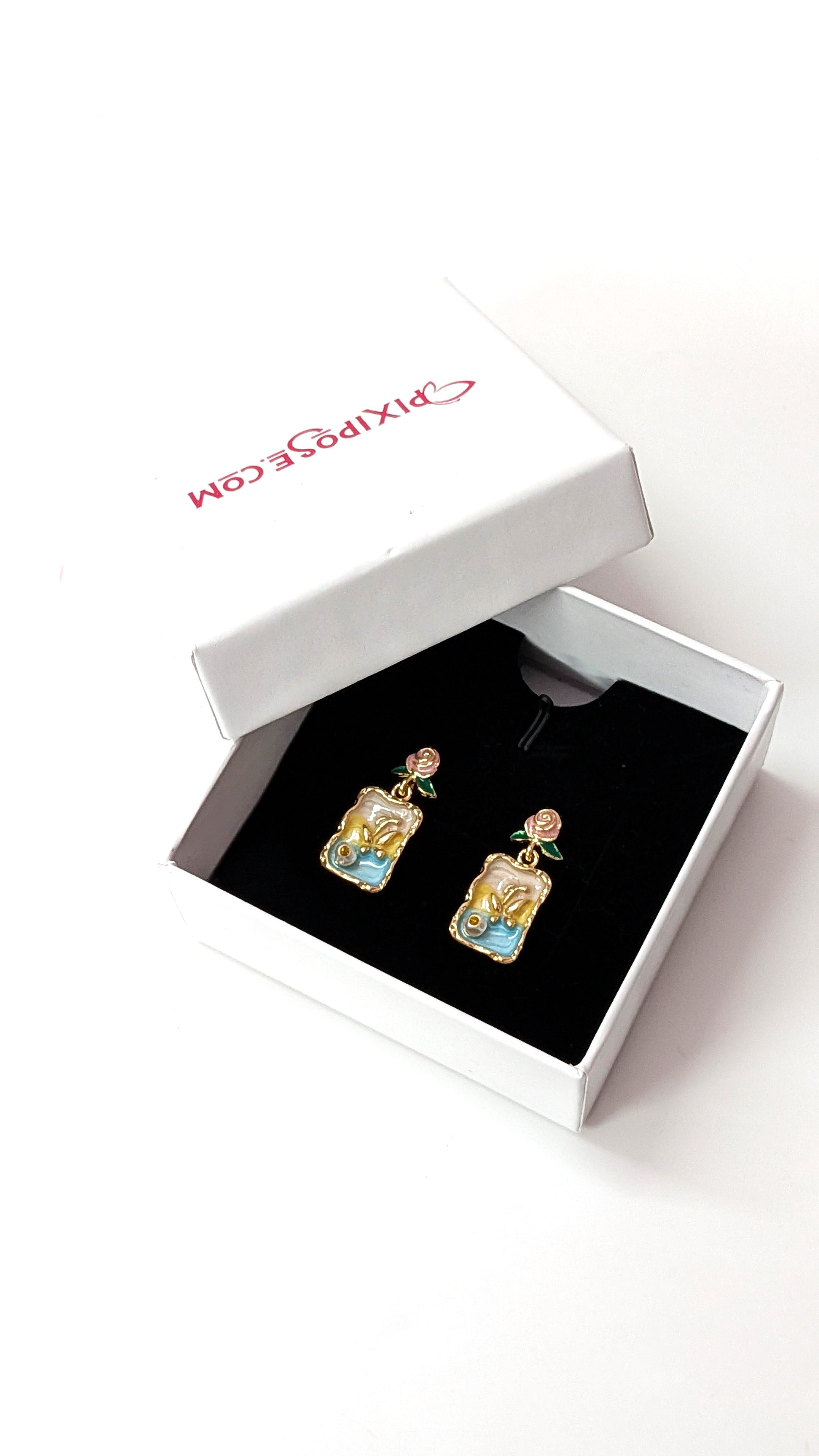 Golden Vintage Rose & Blue Enamel Drop Earrings