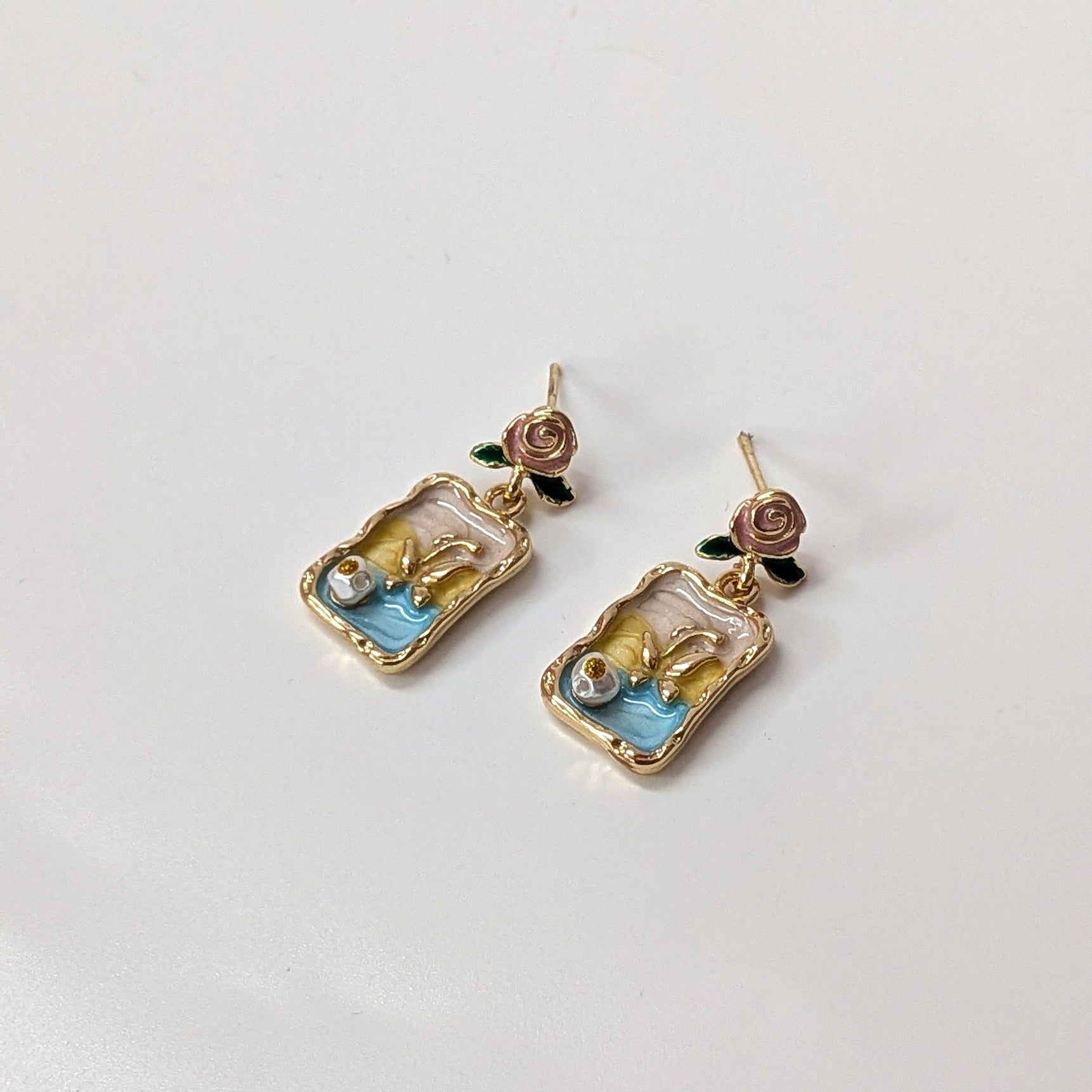 Golden Vintage Rose & Blue Enamel Drop Earrings
