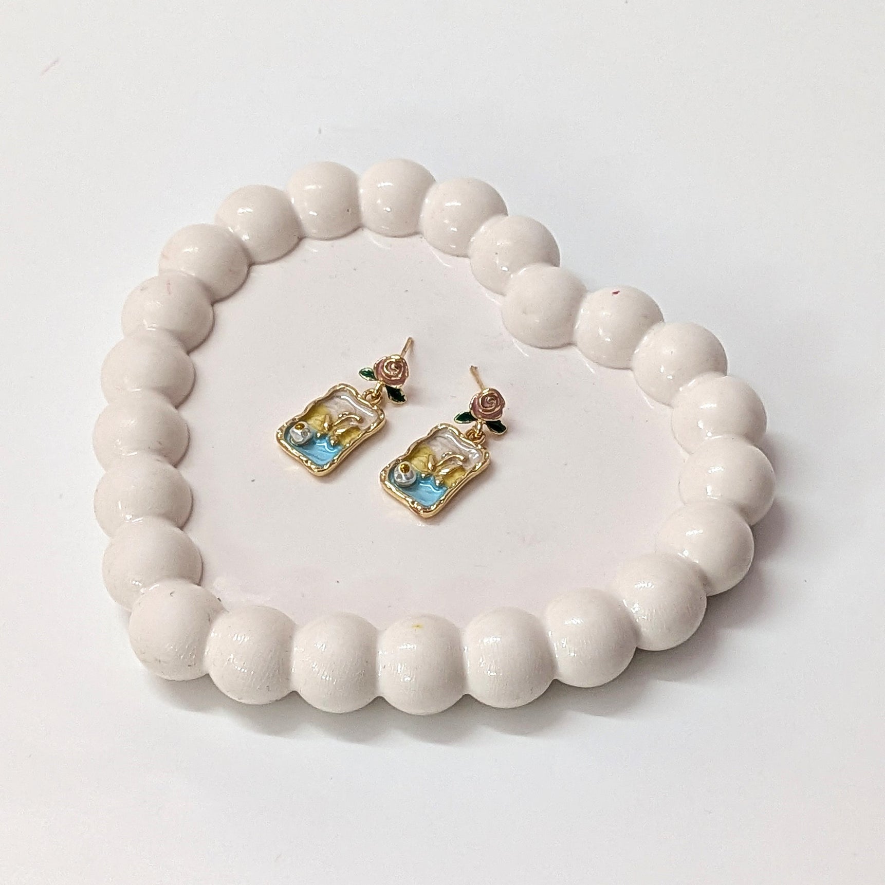 Golden Vintage Rose & Blue Enamel Drop Earrings