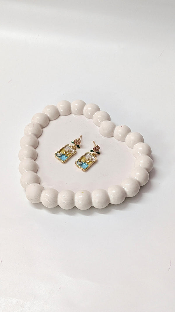 Golden Vintage Rose & Blue Enamel Drop Earrings