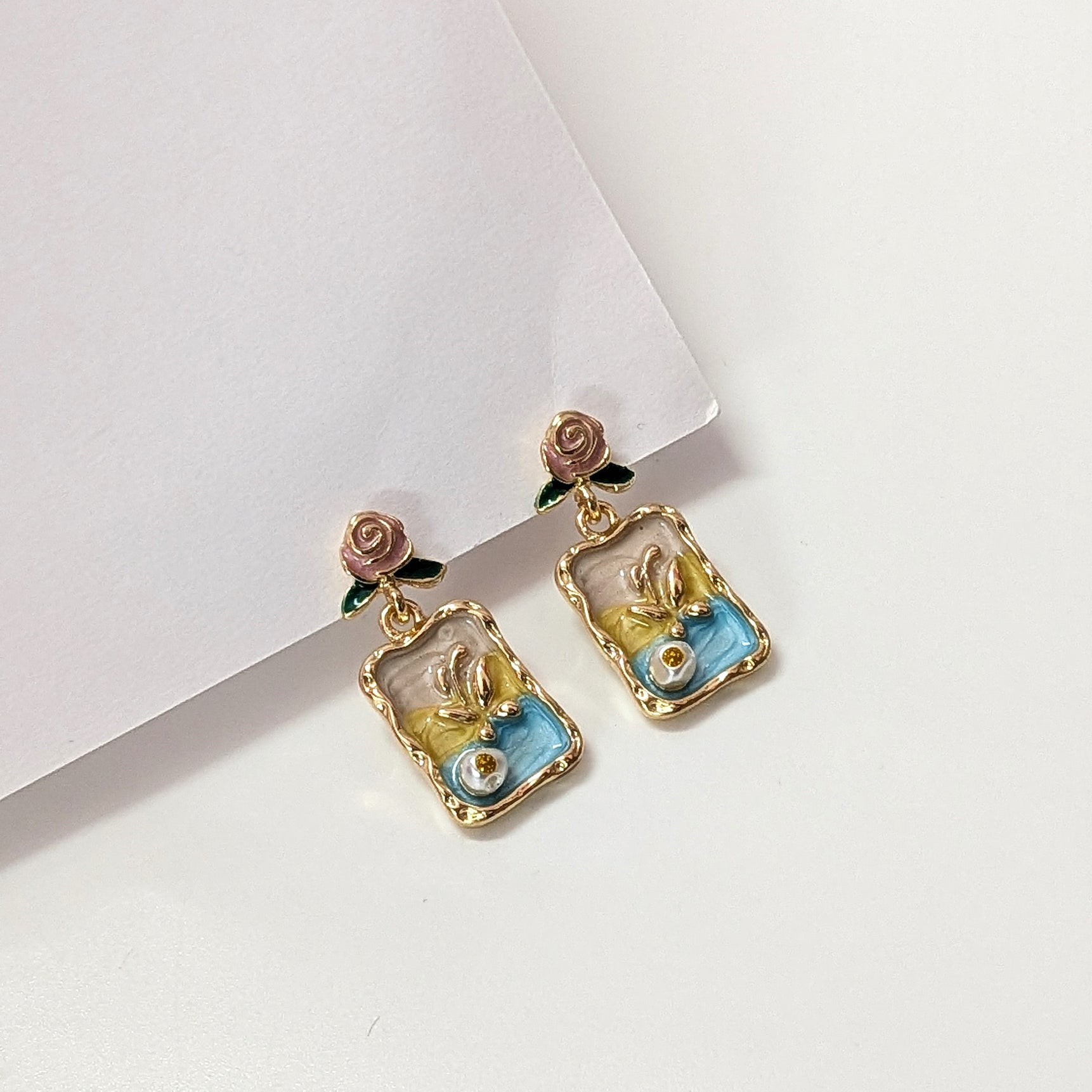 Golden Vintage Rose & Blue Enamel Drop Earrings