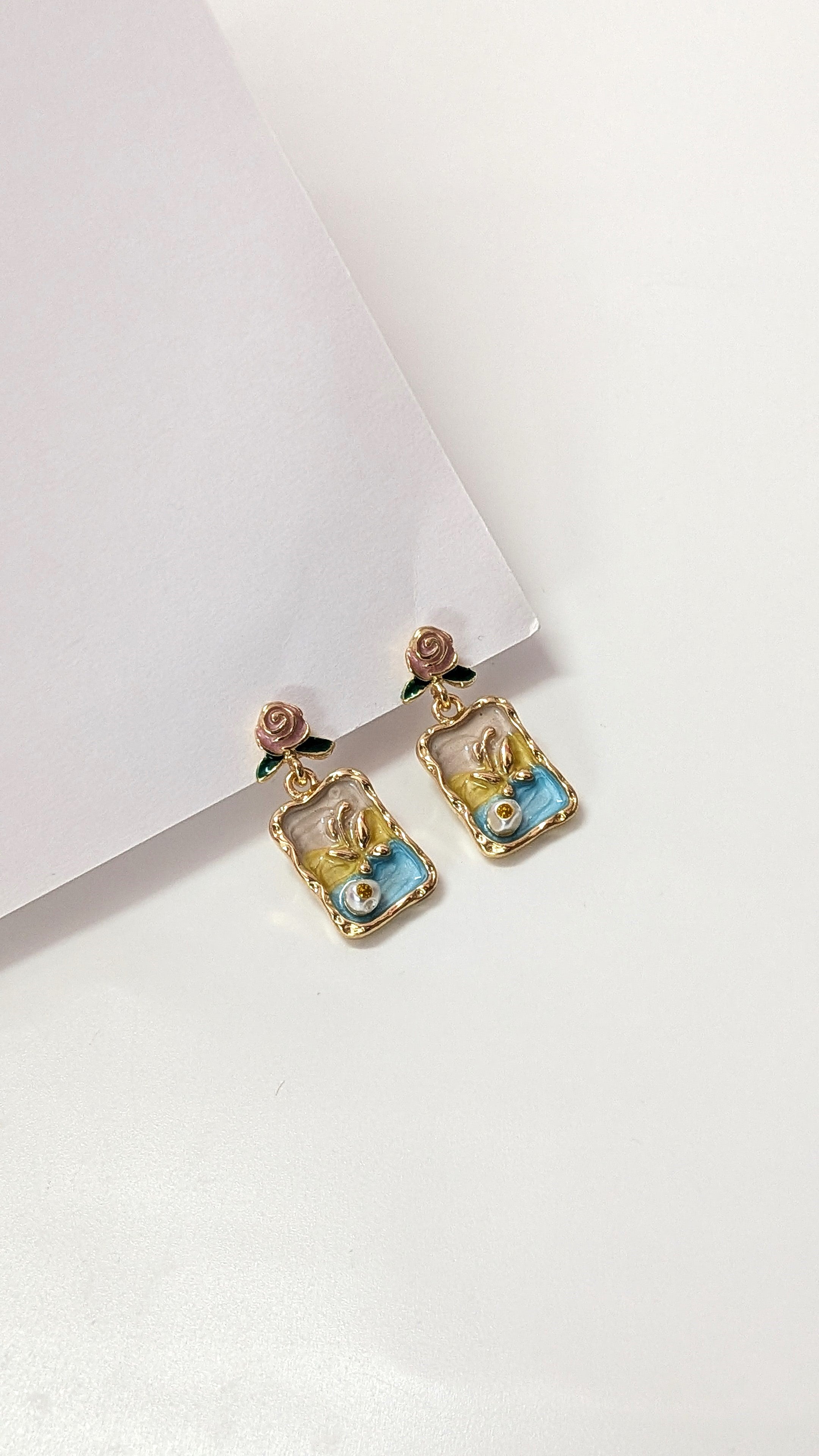 Golden Vintage Rose & Blue Enamel Drop Earrings
