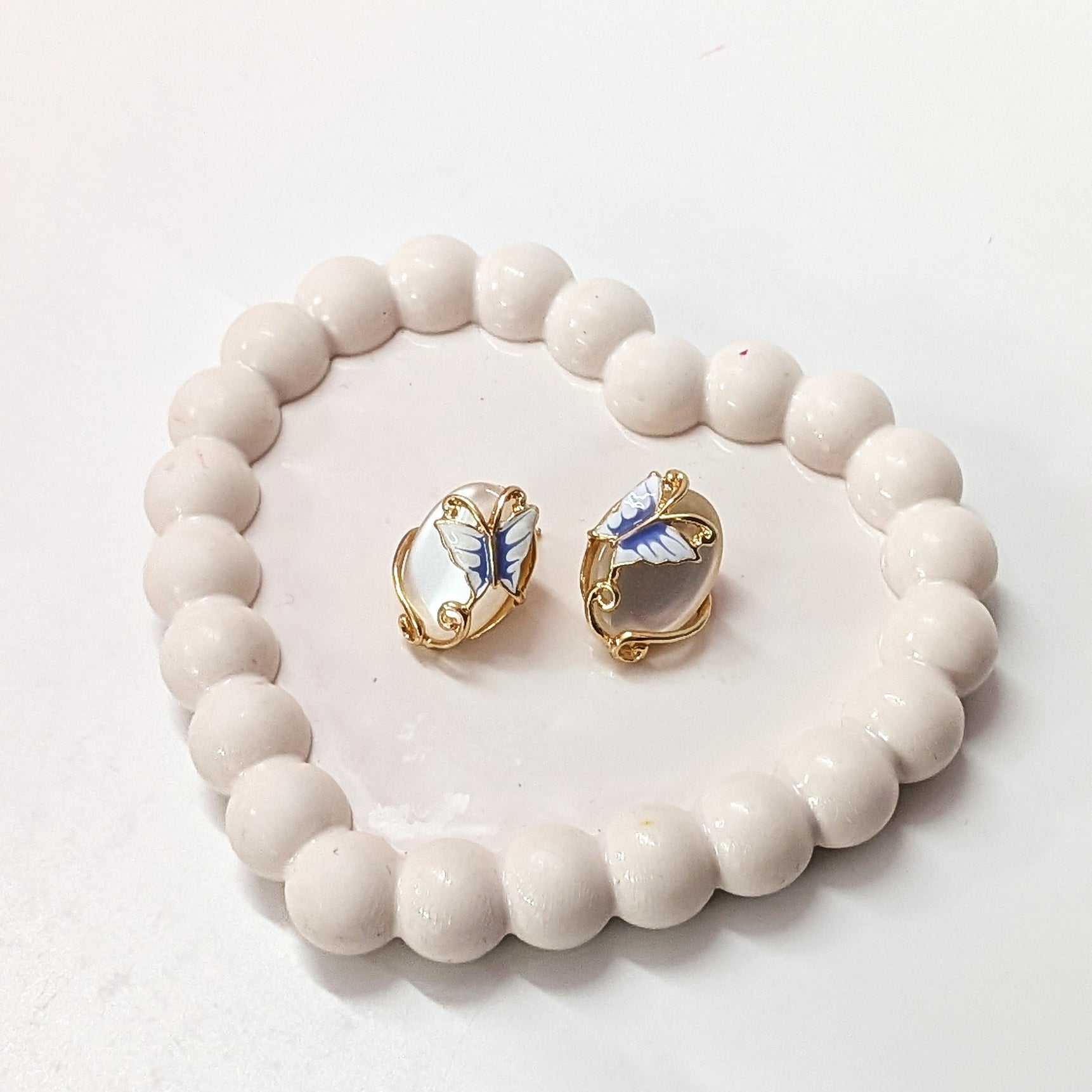 White Stone Butterfly Elegant Gold Finish Stud Earrings