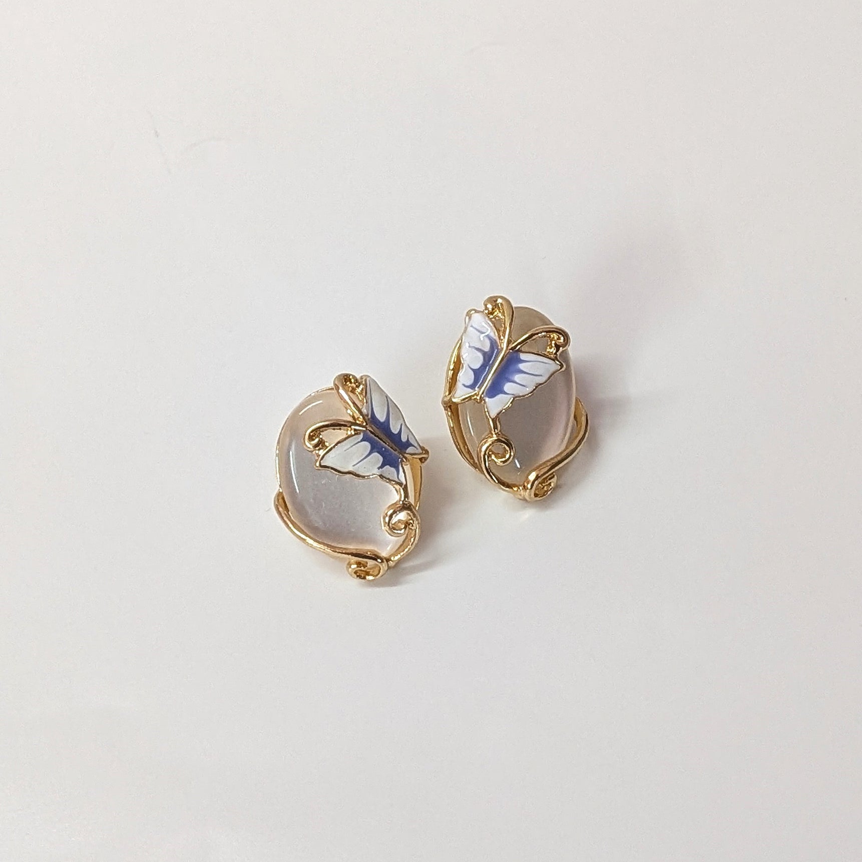 White Stone Butterfly Elegant Gold Finish Stud Earrings