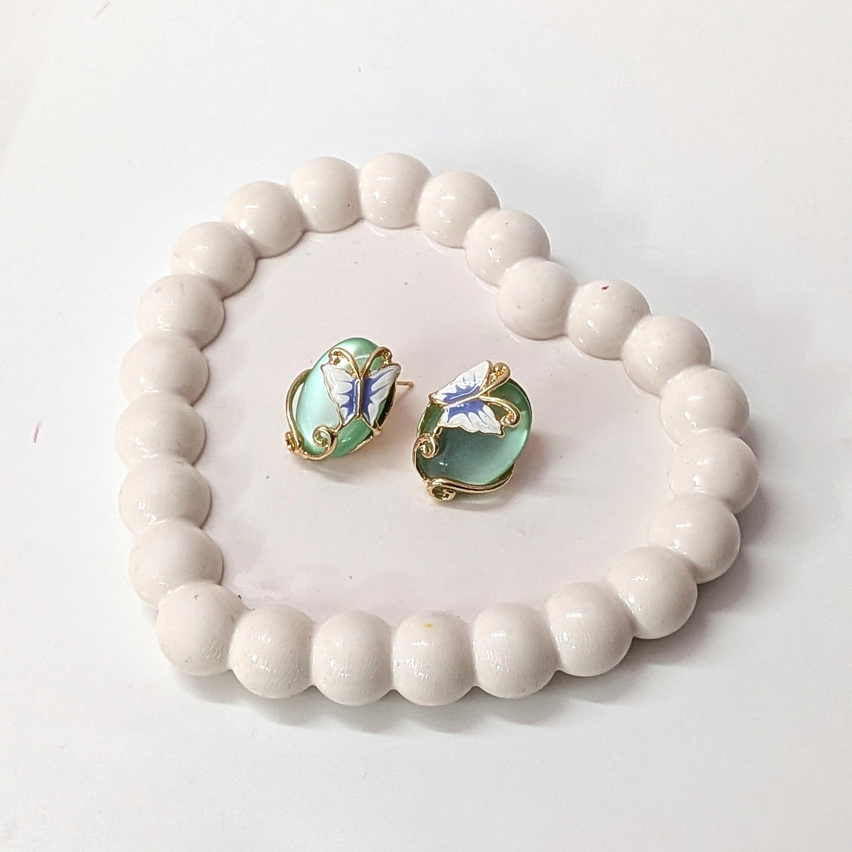 Green Stone Butterfly Elegant Gold Finish Stud Earrings