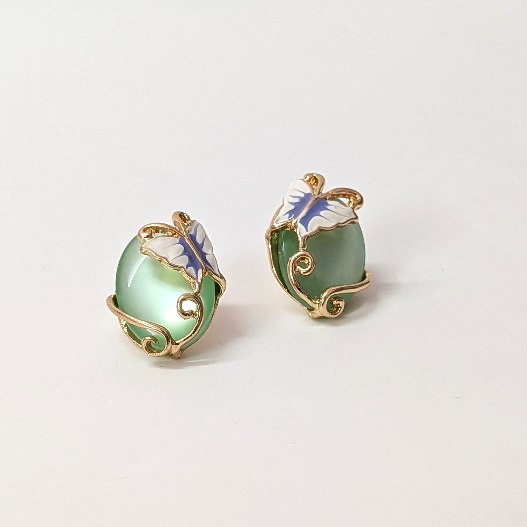 Green Stone Butterfly Elegant Gold Finish Stud Earrings