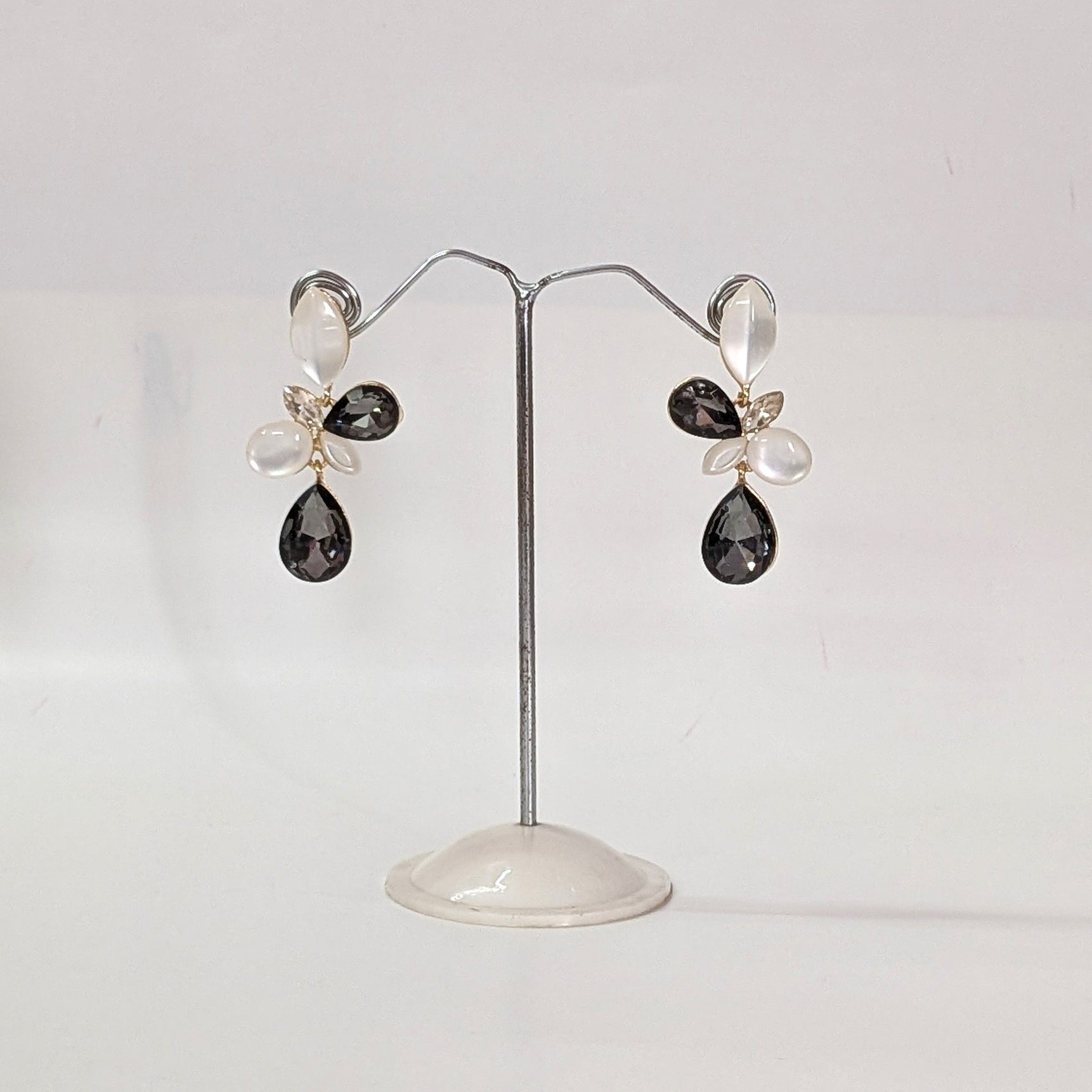 Elegant Black & White Teardrop Floral Earrings