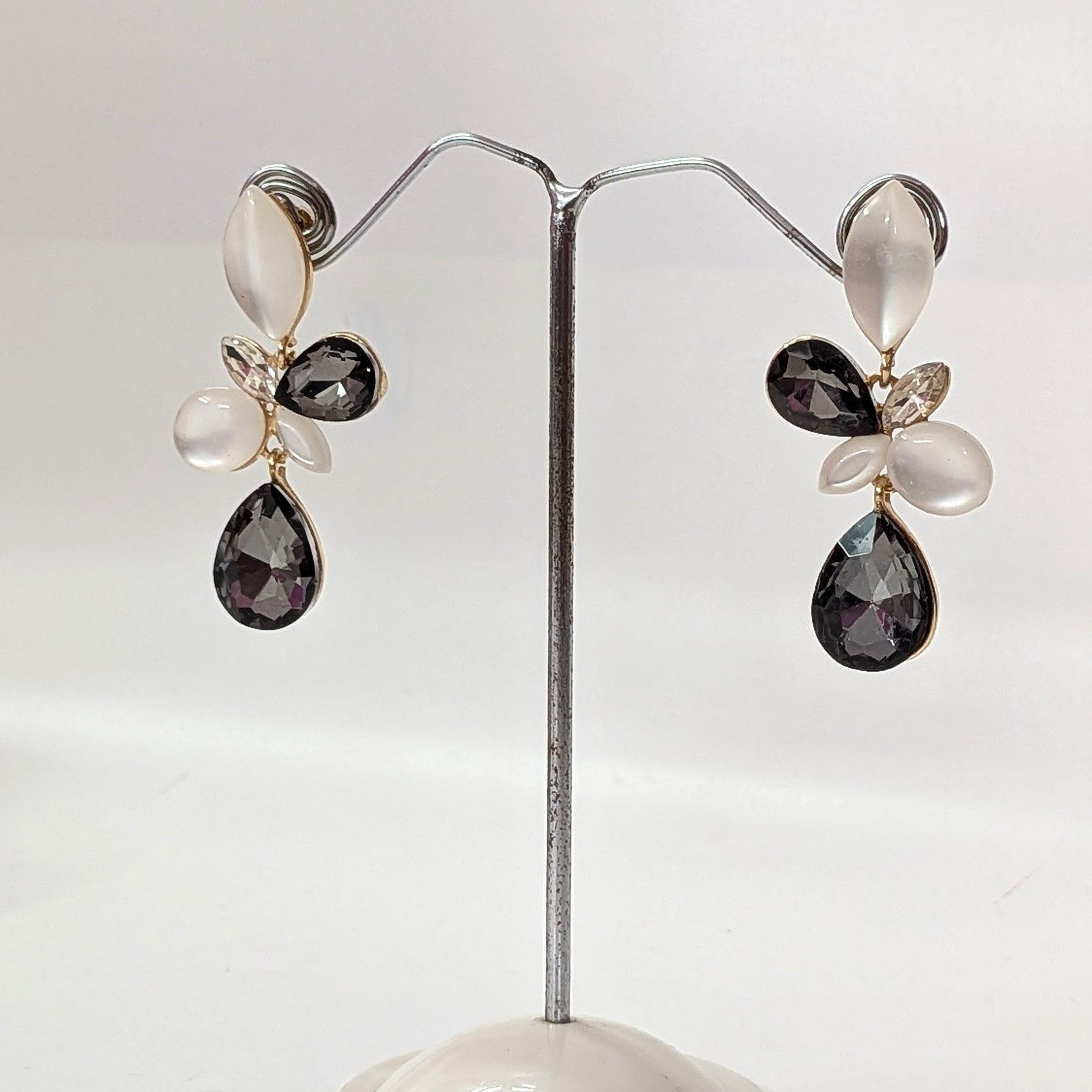Elegant Black & White Teardrop Floral Earrings