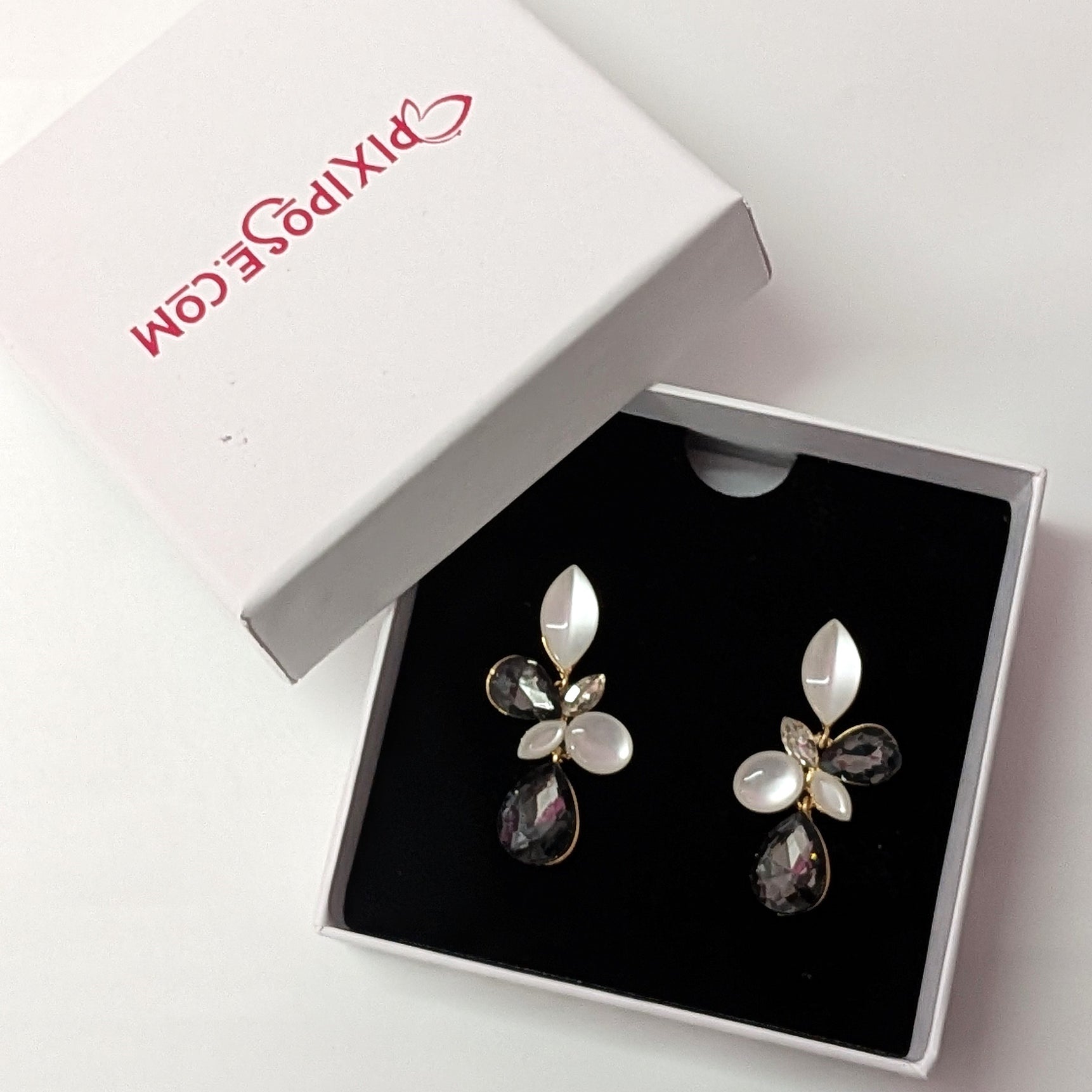 Elegant Black & White Teardrop Floral Earrings