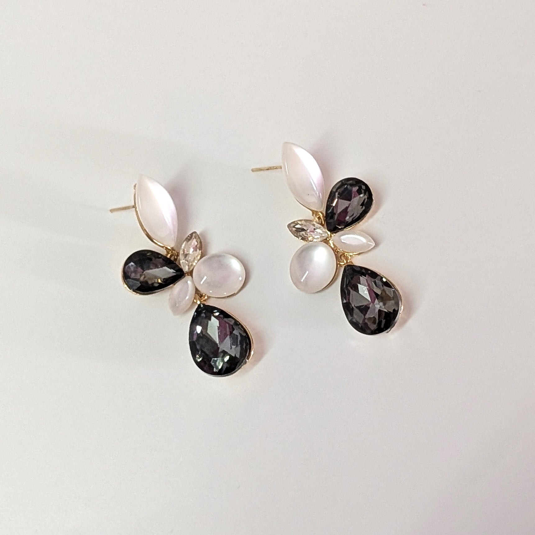Elegant Black & White Teardrop Floral Earrings