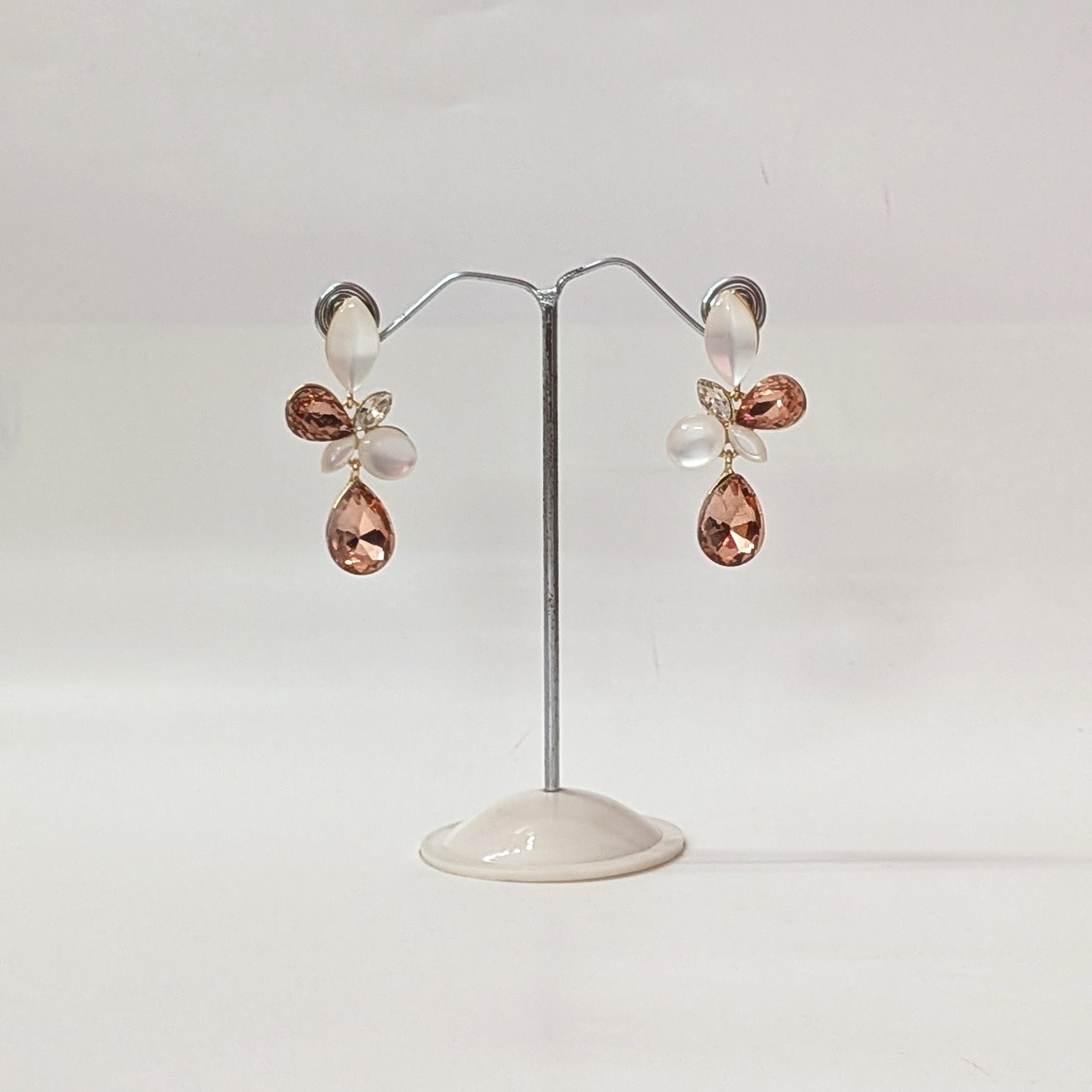 Peach Petal Floral Crystal Earrings with Pearl Drops
