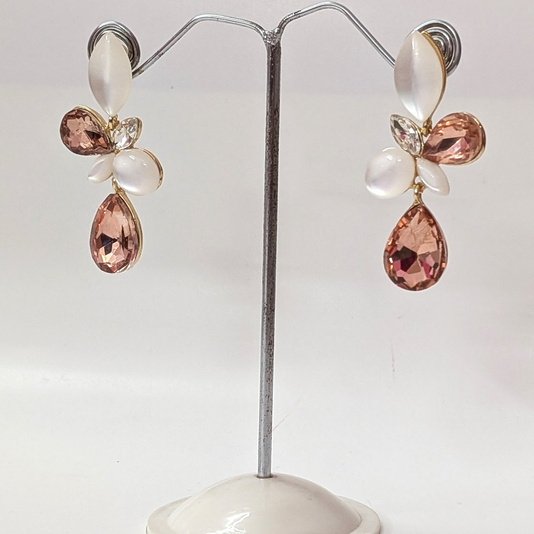 Peach Petal Floral Crystal Earrings with Pearl Drops