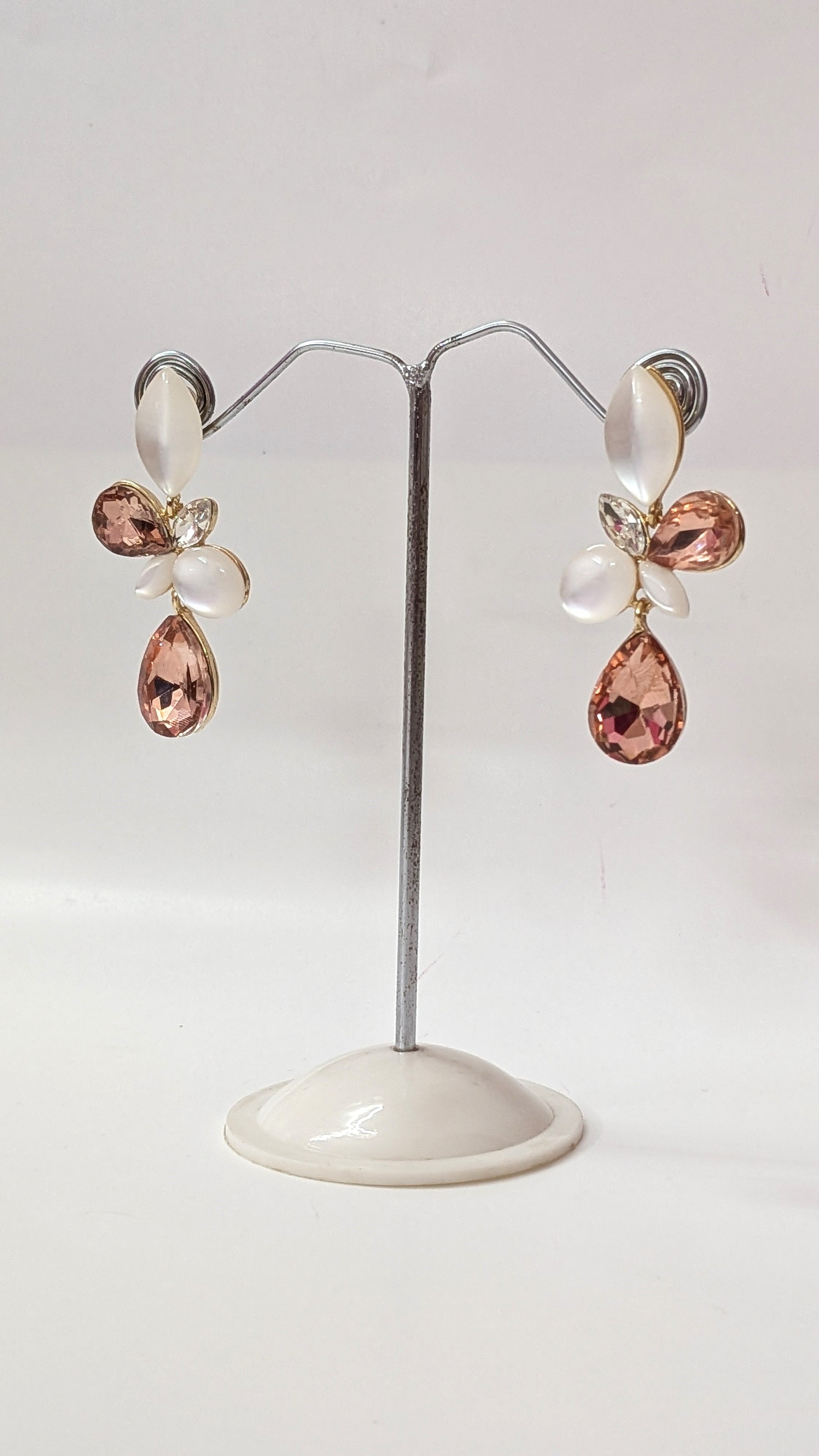 Peach Petal Floral Crystal Earrings with Pearl Drops