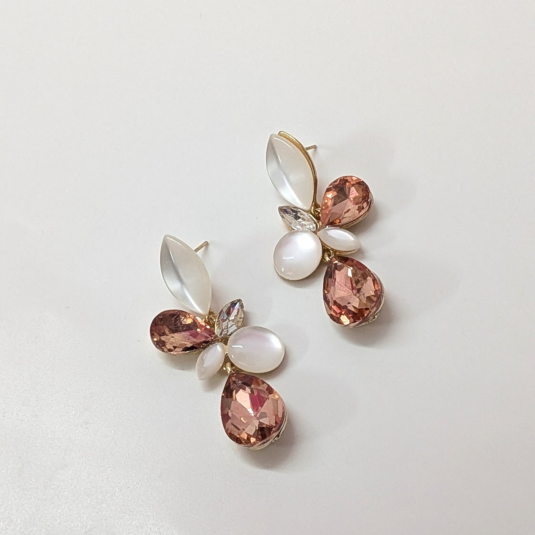 Peach Petal Floral Crystal Earrings with Pearl Drops
