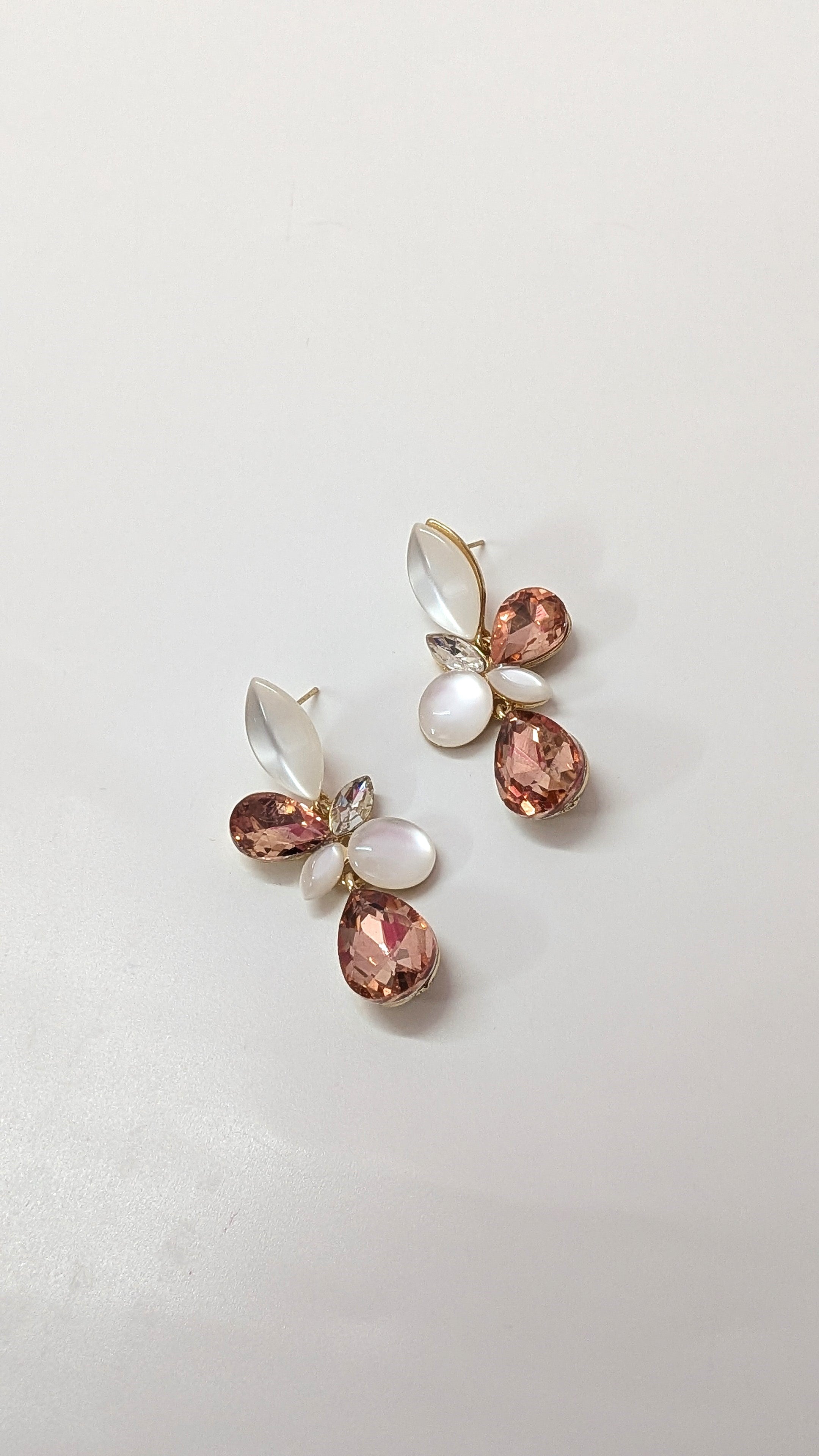 Peach Petal Floral Crystal Earrings with Pearl Drops