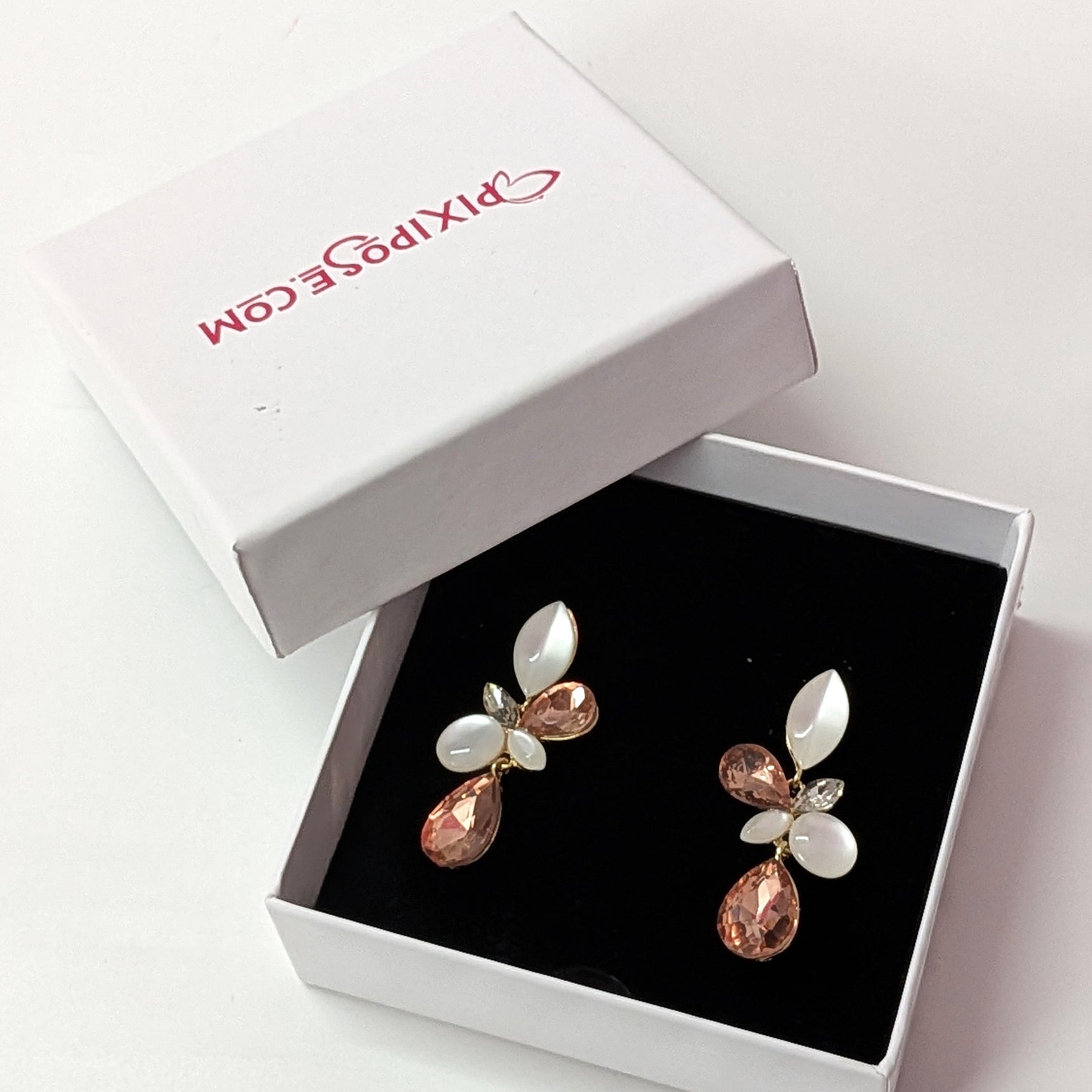 Peach Petal Floral Crystal Earrings with Pearl Drops