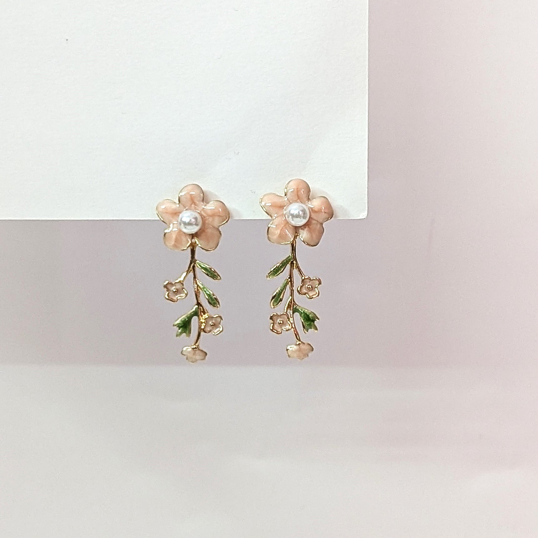 Pink Floral Enamel Dangler Earrings