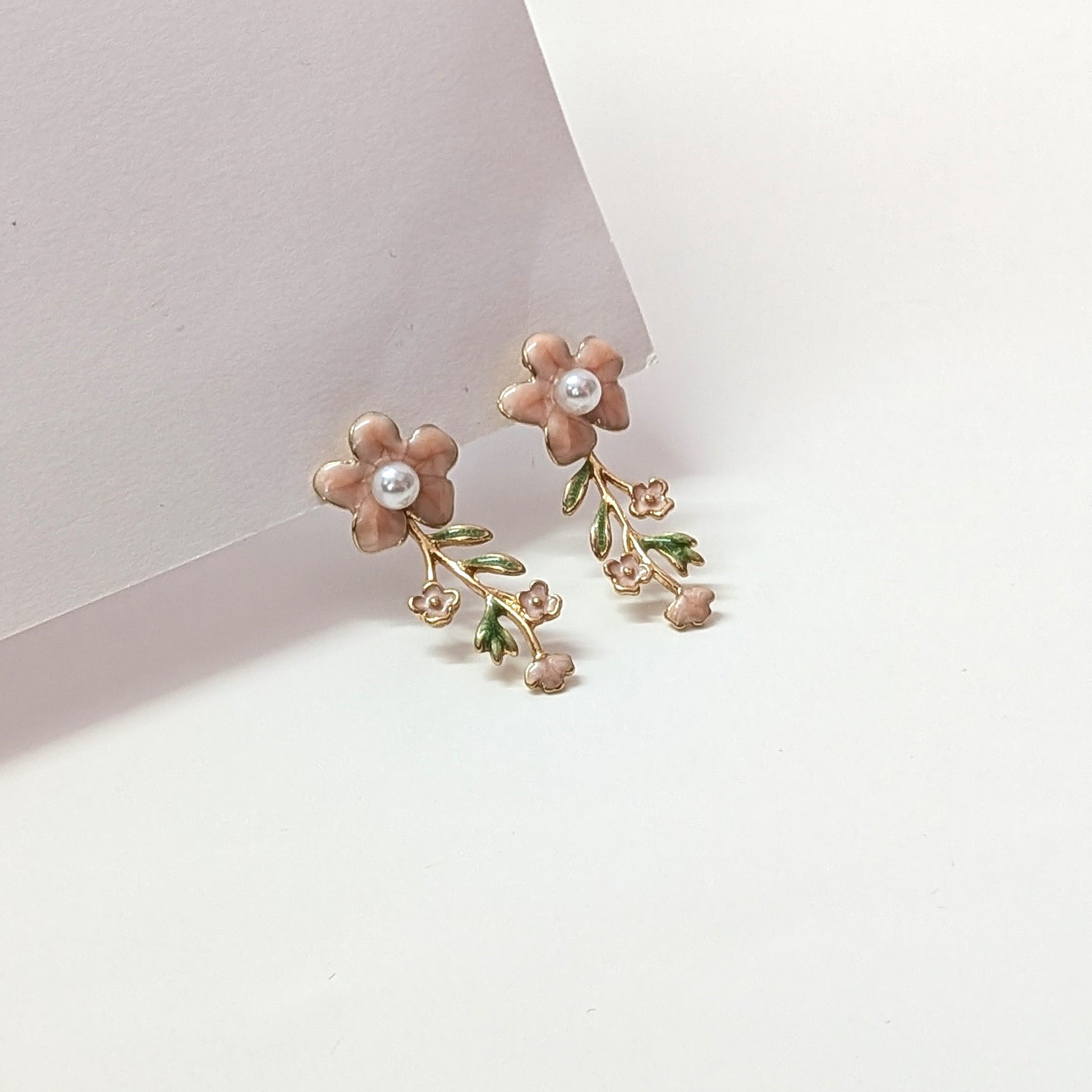 Pink Floral Enamel Dangler Earrings