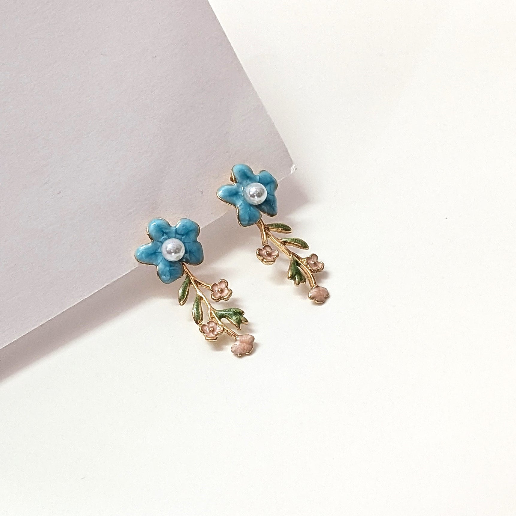 Blue Floral Enamel Dangler Earrings