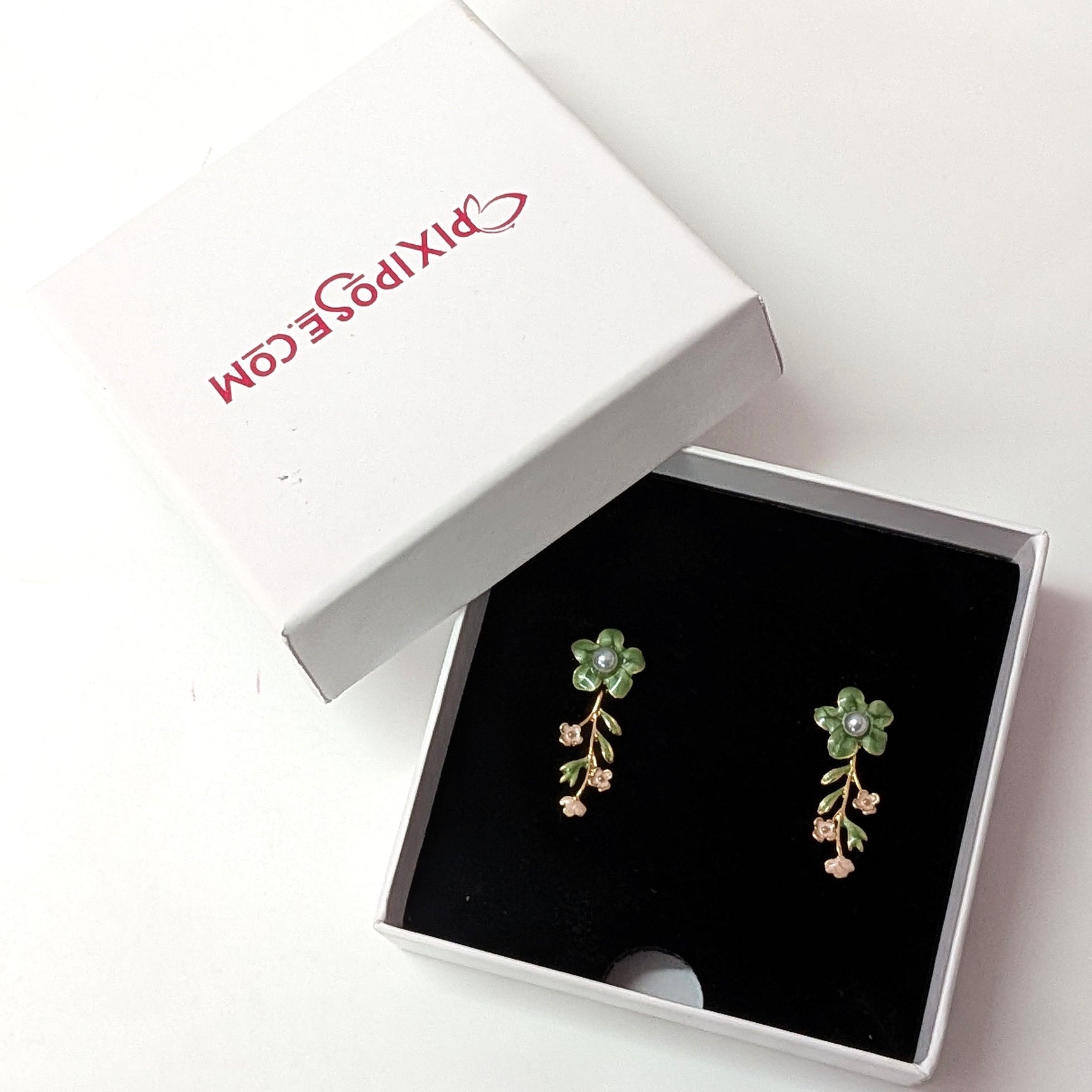 Green Floral  Enamel Dangler Earrings