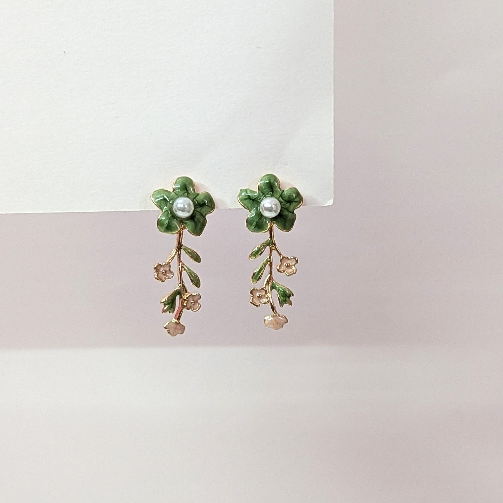 Green Floral  Enamel Dangler Earrings
