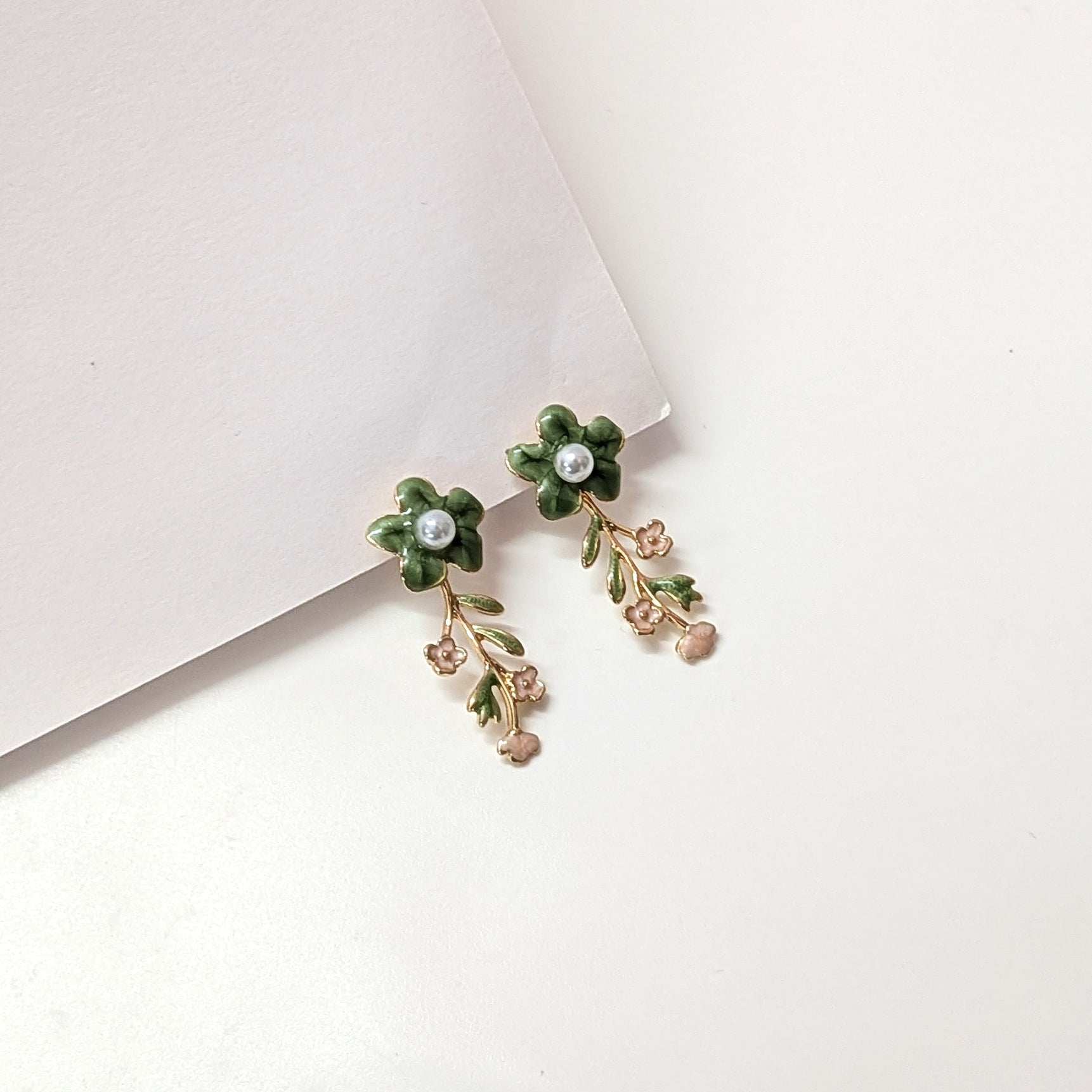 Green Floral  Enamel Dangler Earrings