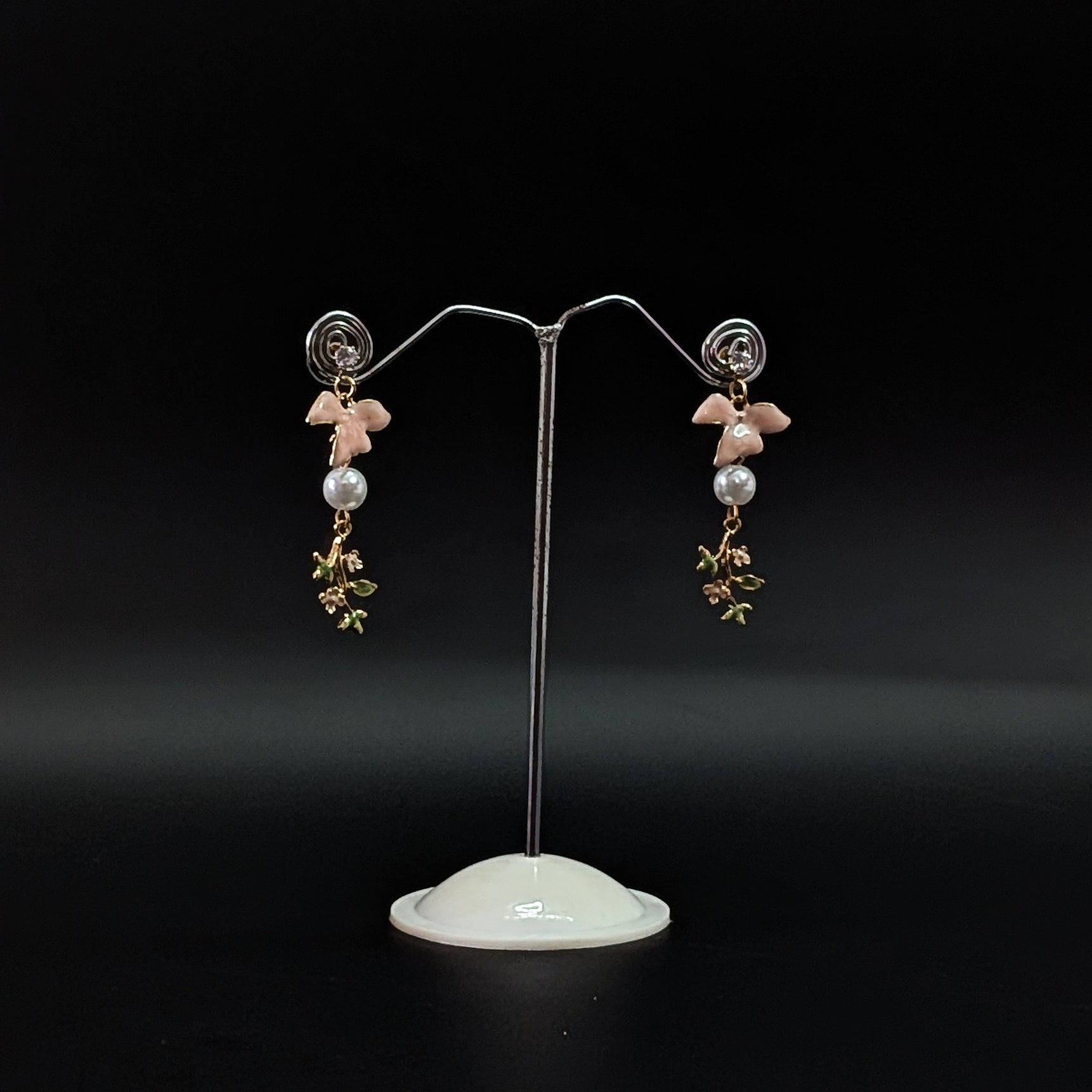 Pink Enamel Bird Drop Earrings with Pearl & Gold Leaf Accents