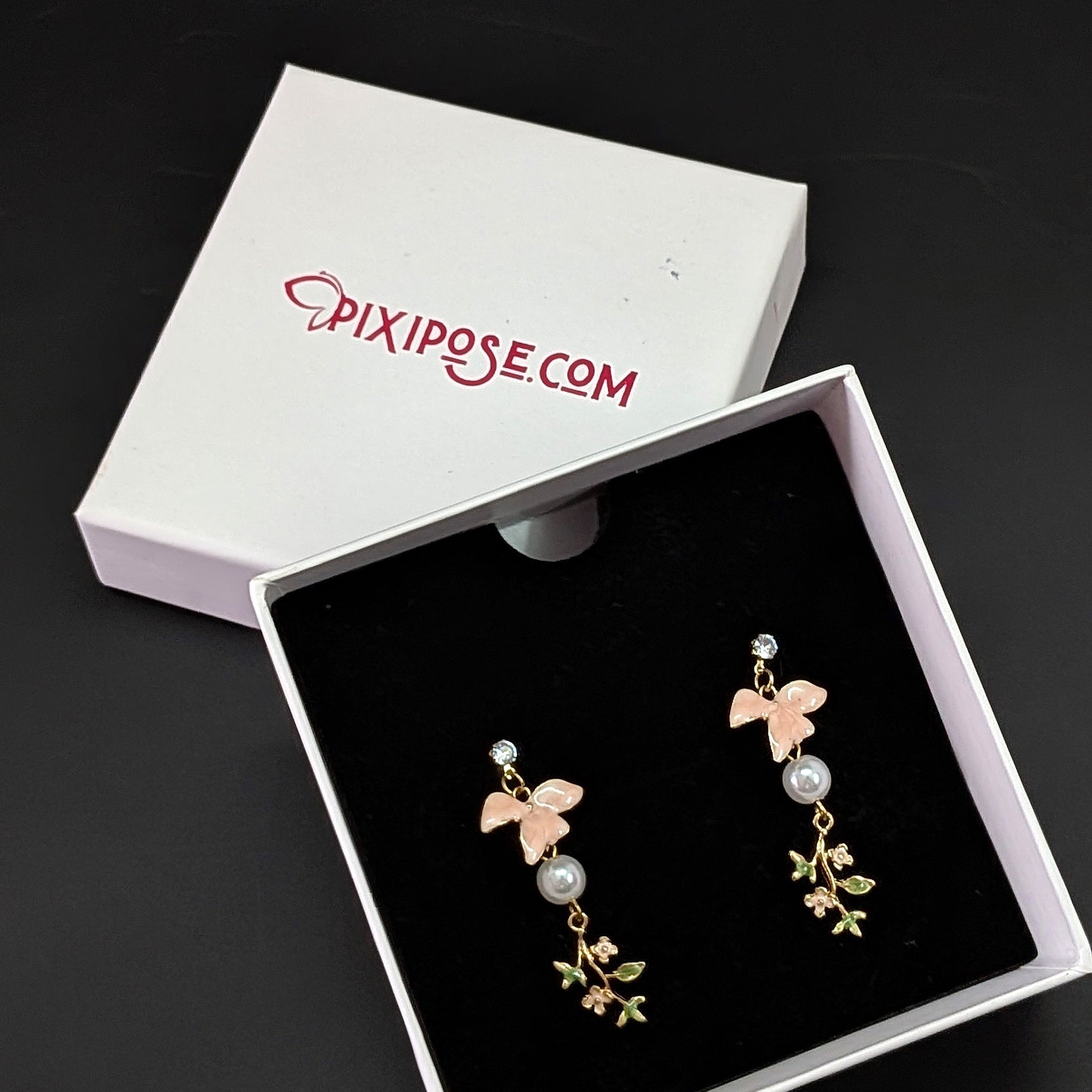 Pink Enamel Bird Drop Earrings with Pearl & Gold Leaf Accents