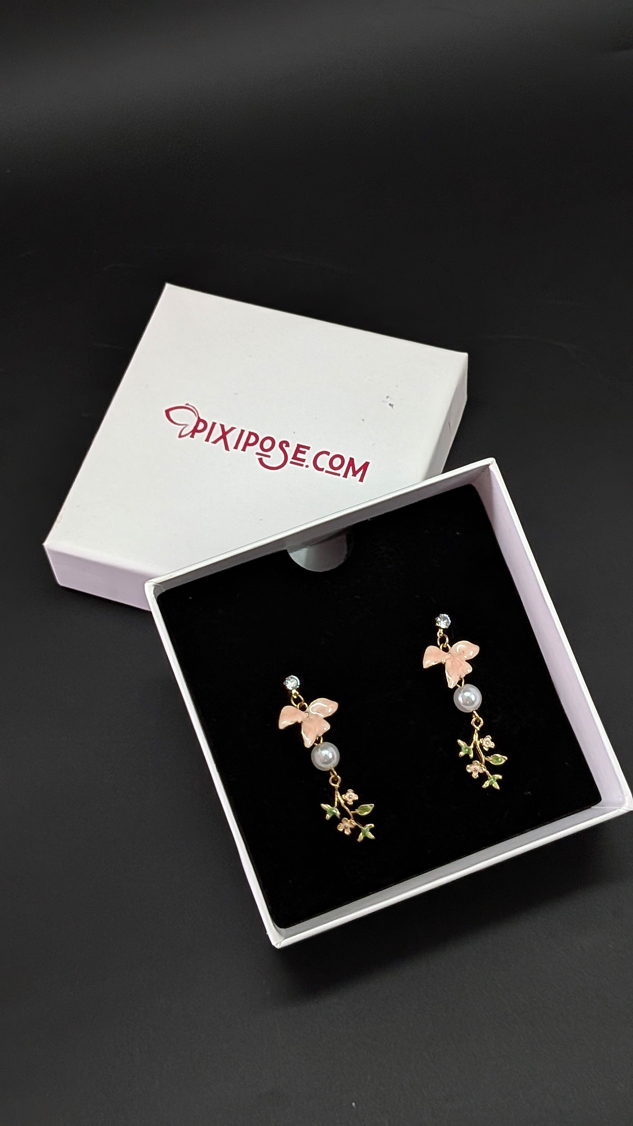 Pink Enamel Bird Drop Earrings with Pearl & Gold Leaf Accents
