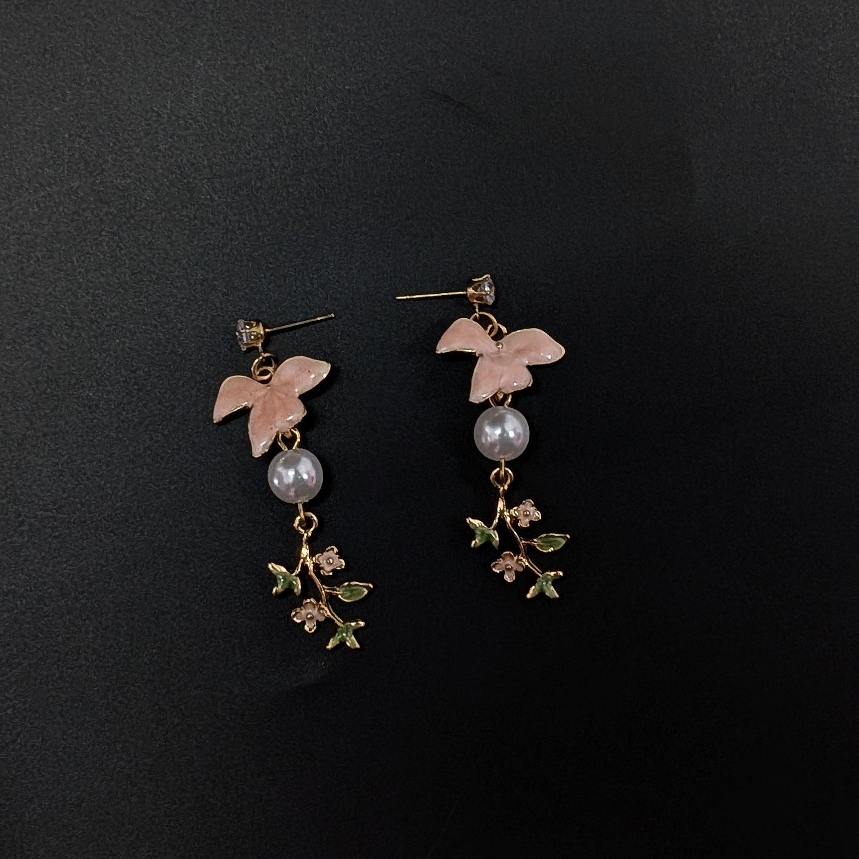 Pink Enamel Bird Drop Earrings with Pearl & Gold Leaf Accents