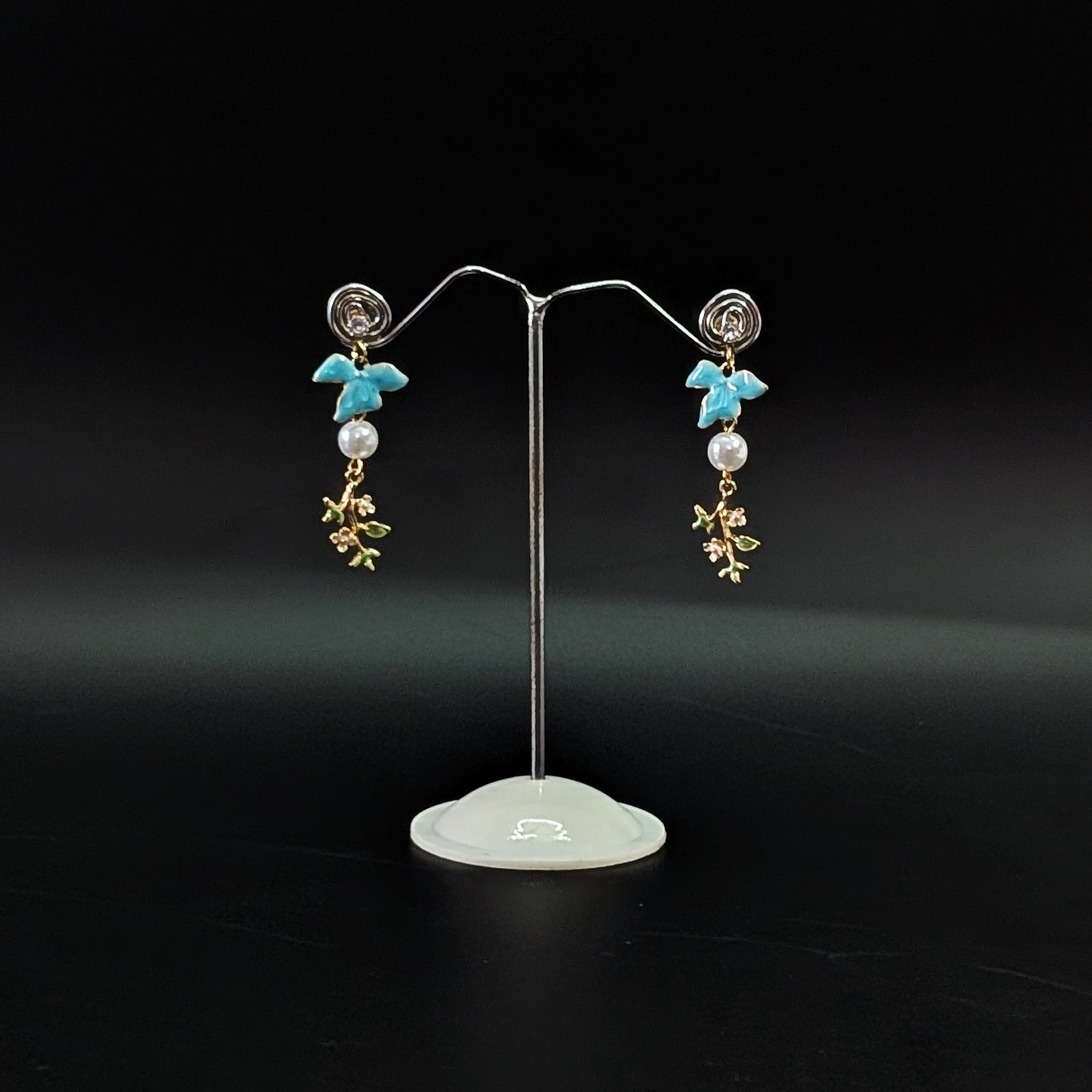 Blue Enamel Bird Drop Earrings with Pearl & Floral Charm