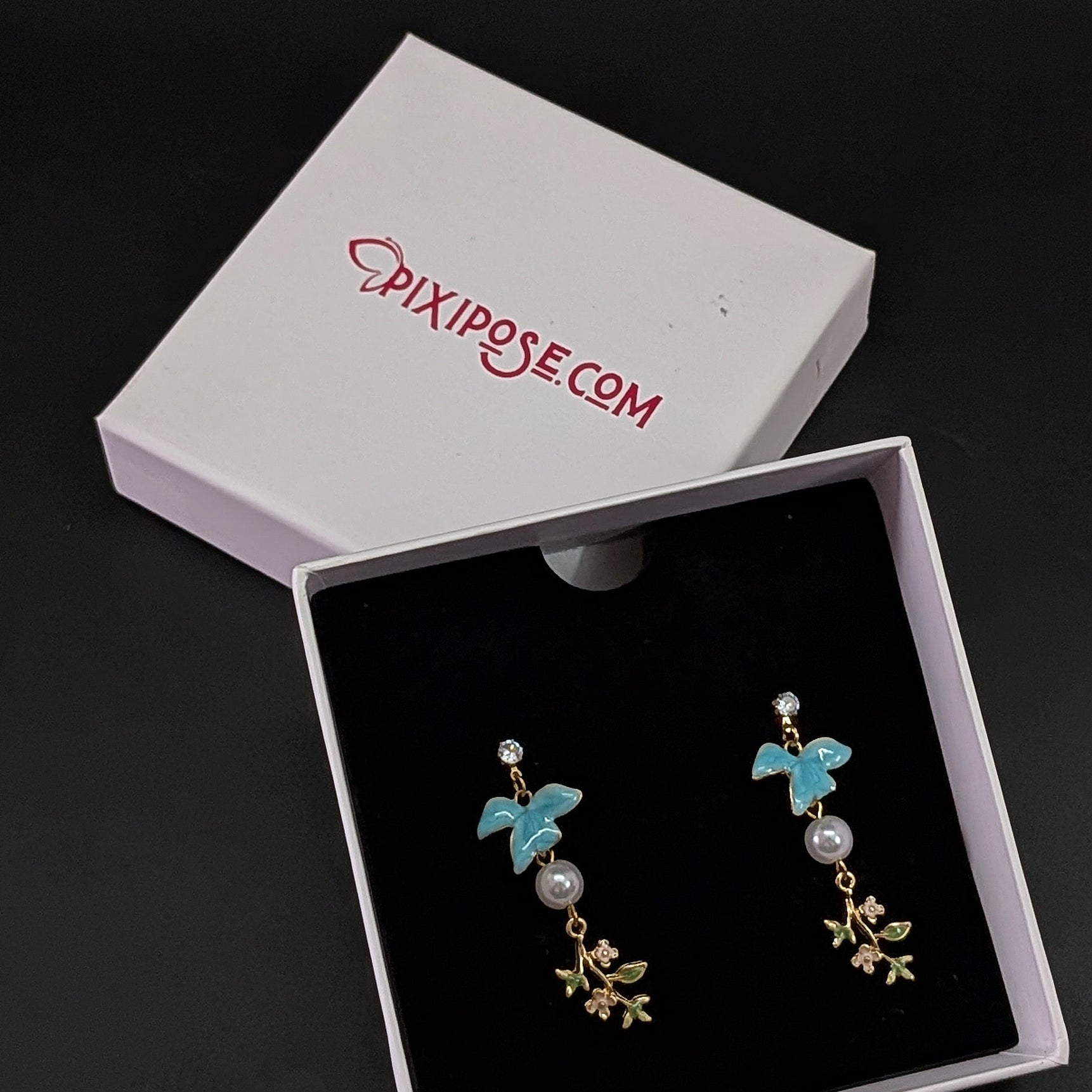 Blue Enamel Bird Drop Earrings with Pearl & Floral Charm