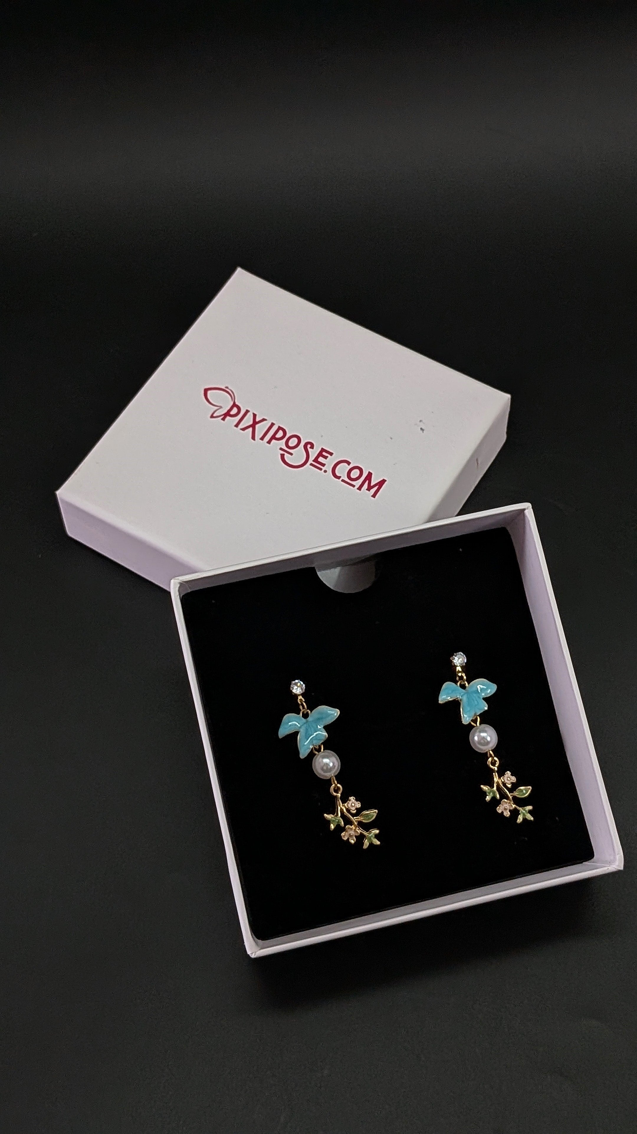 Blue Enamel Bird Drop Earrings with Pearl & Floral Charm