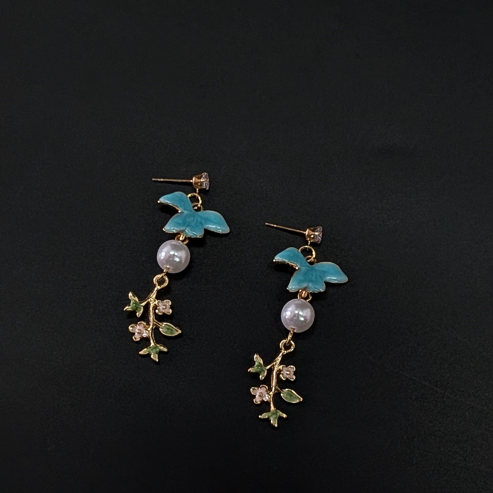 Blue Enamel Bird Drop Earrings with Pearl & Floral Charm