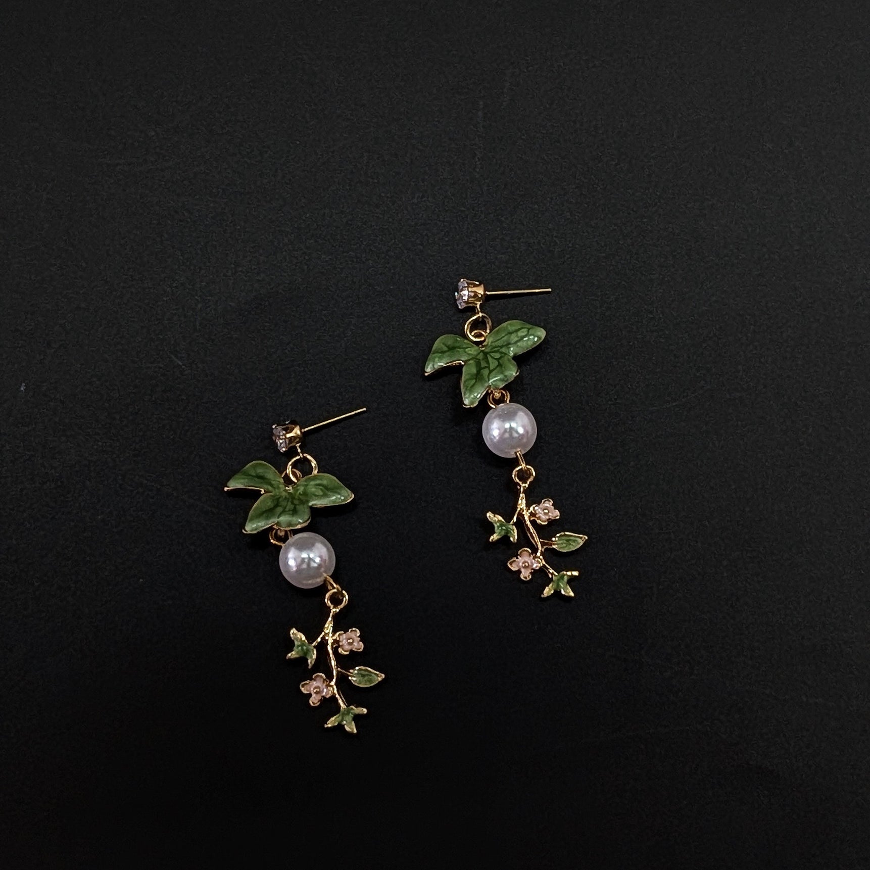 Green Enamel Bird Drop Earrings with Pearl & Floral Charm