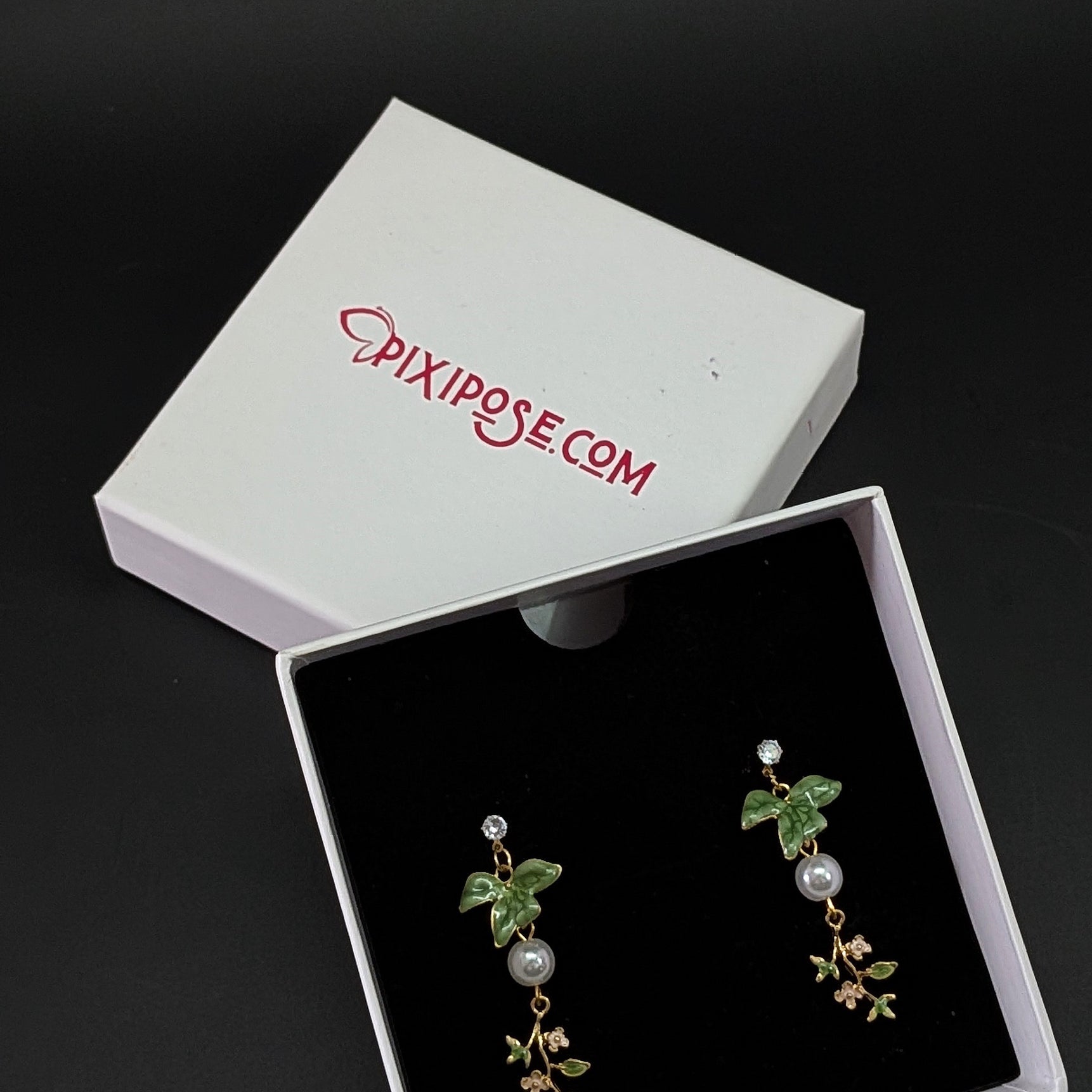 Green Enamel Bird Drop Earrings with Pearl & Floral Charm