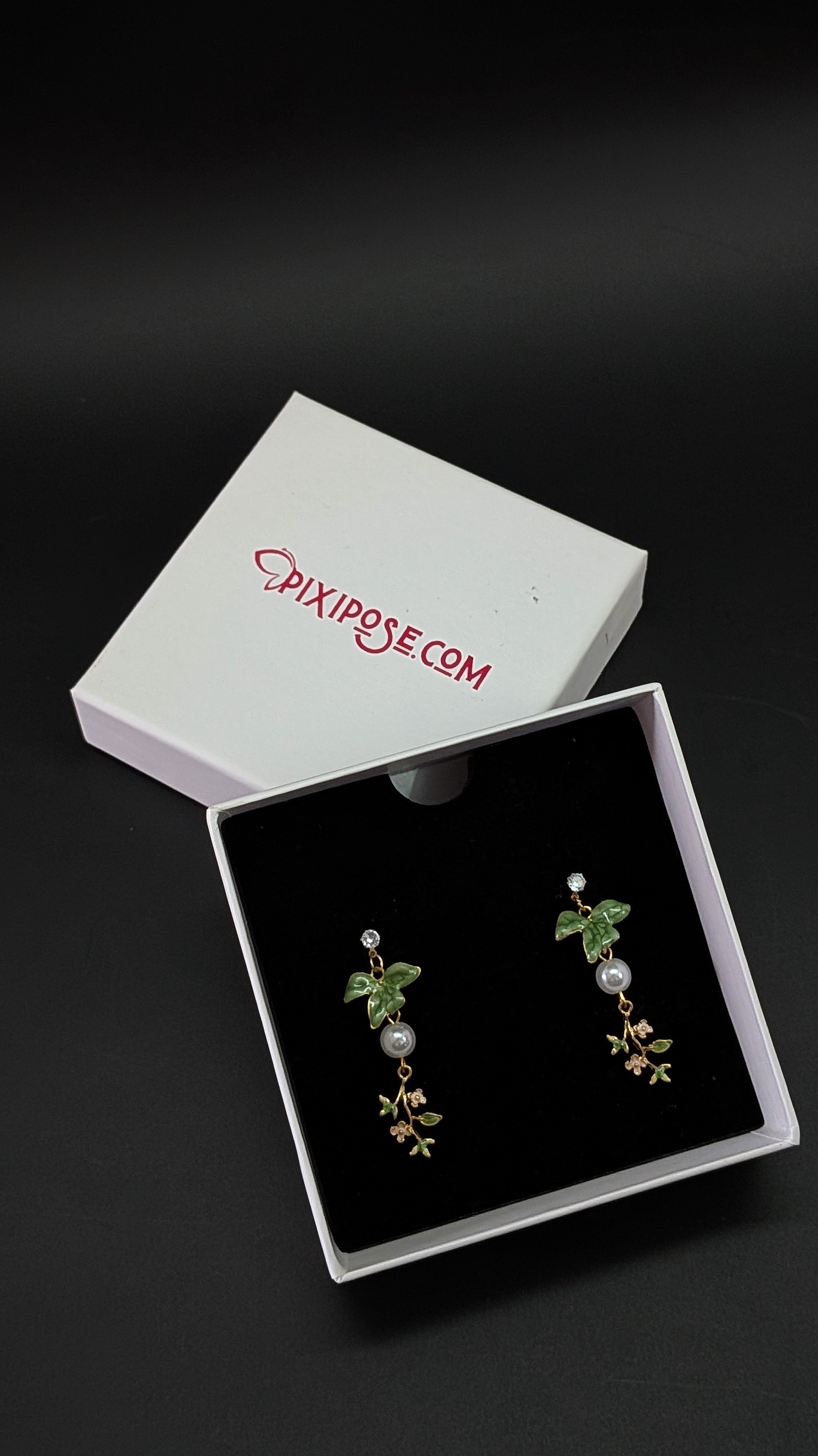 Green Enamel Bird Drop Earrings with Pearl & Floral Charm