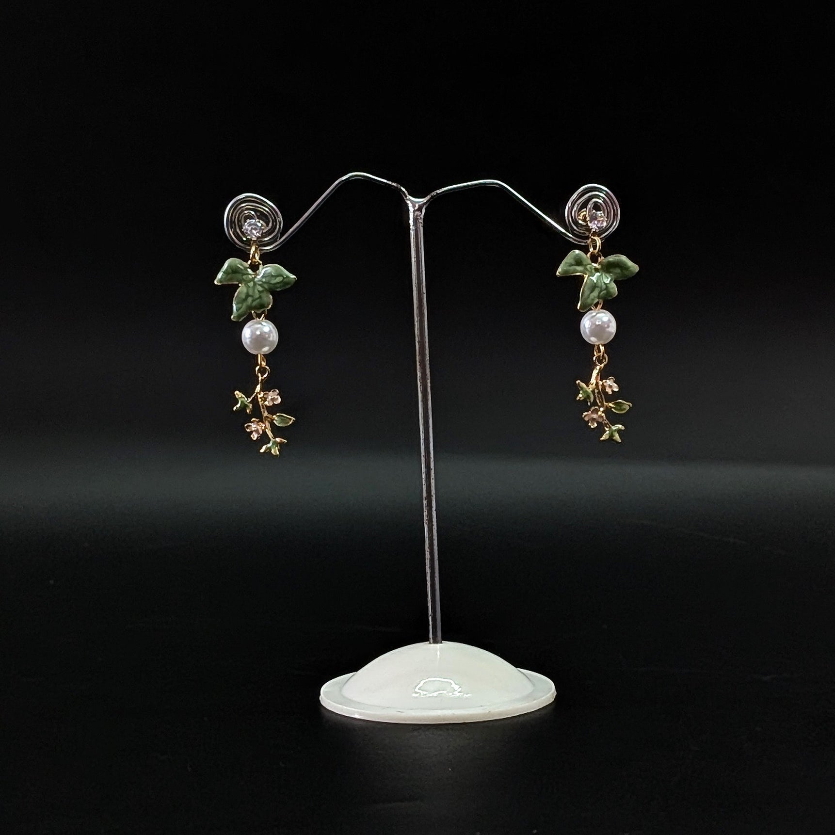 Green Enamel Bird Drop Earrings with Pearl & Floral Charm