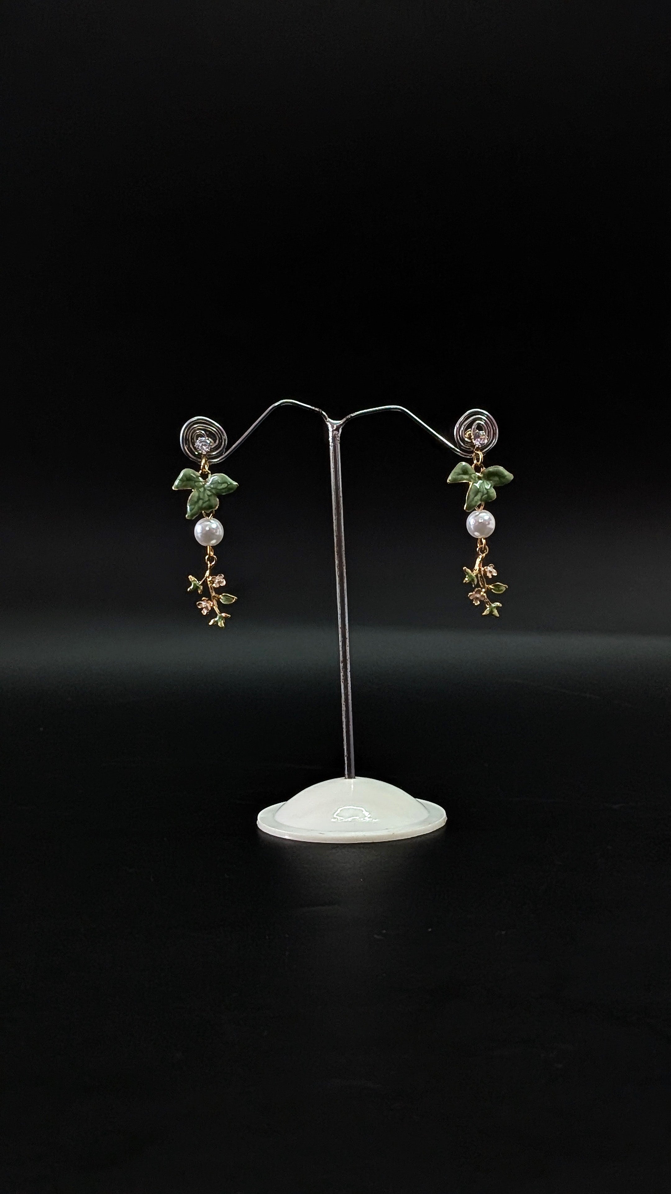 Green Enamel Bird Drop Earrings with Pearl & Floral Charm