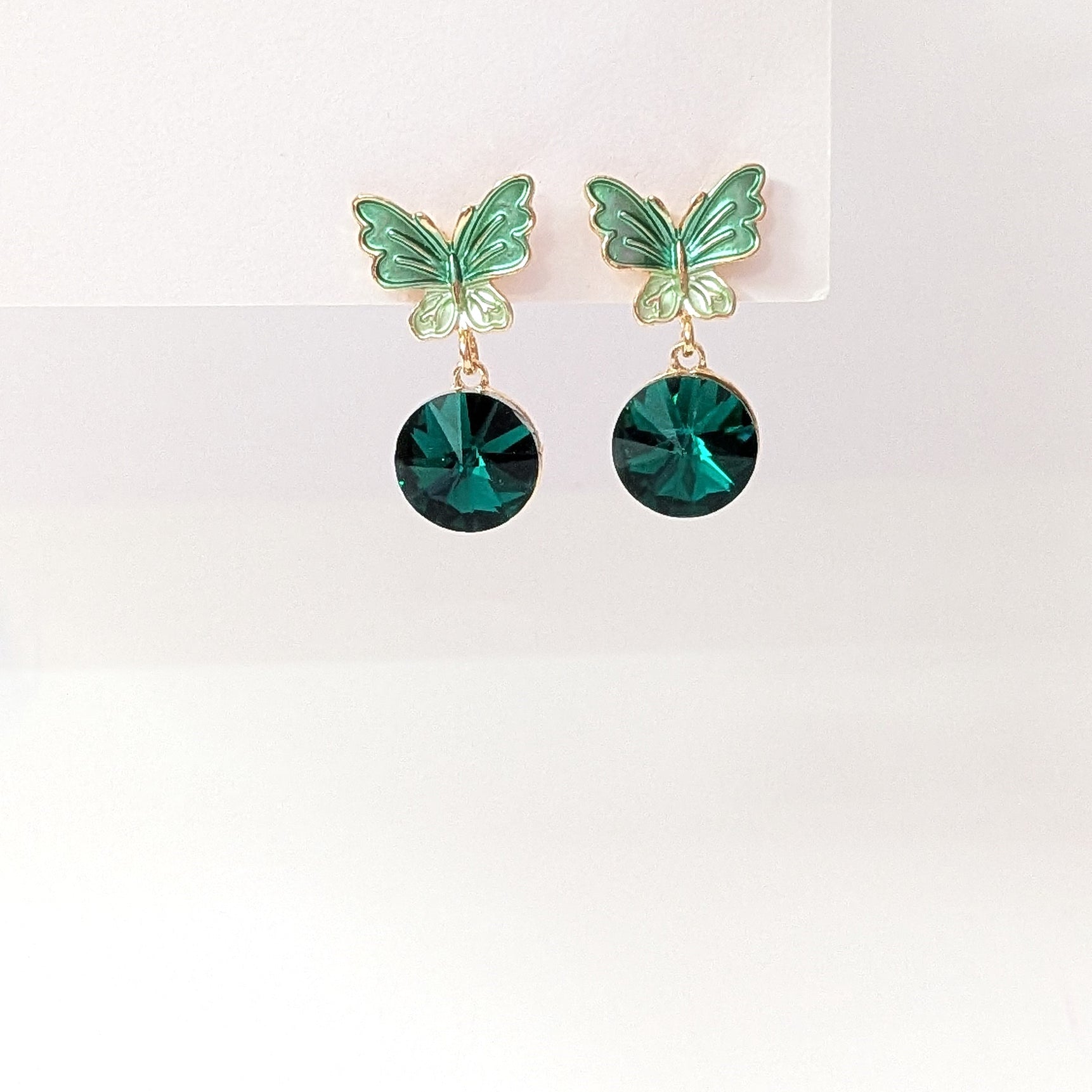 Green Butterfly Stud Earrings with Emerald Crystal Drops