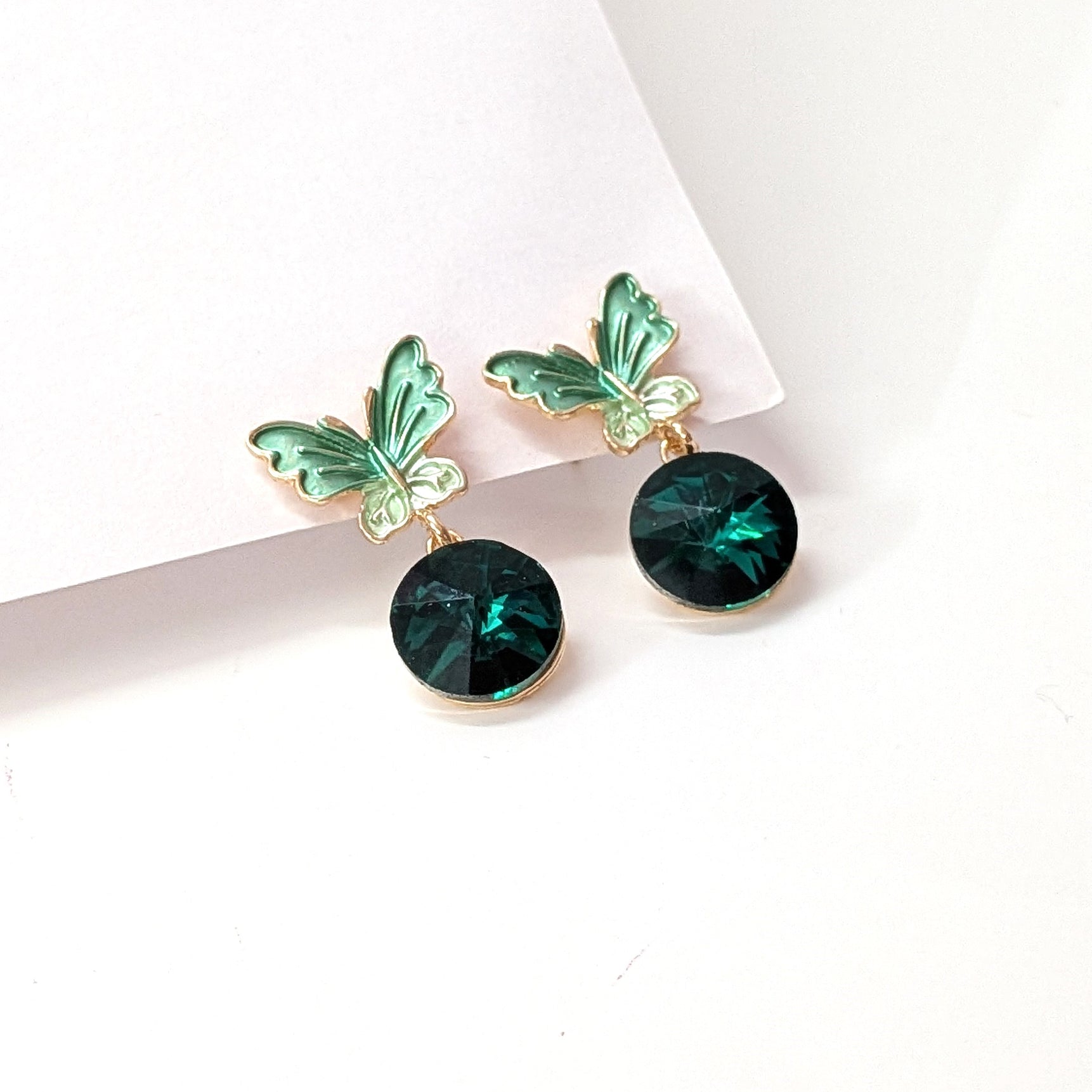 Green Butterfly Stud Earrings with Emerald Crystal Drops