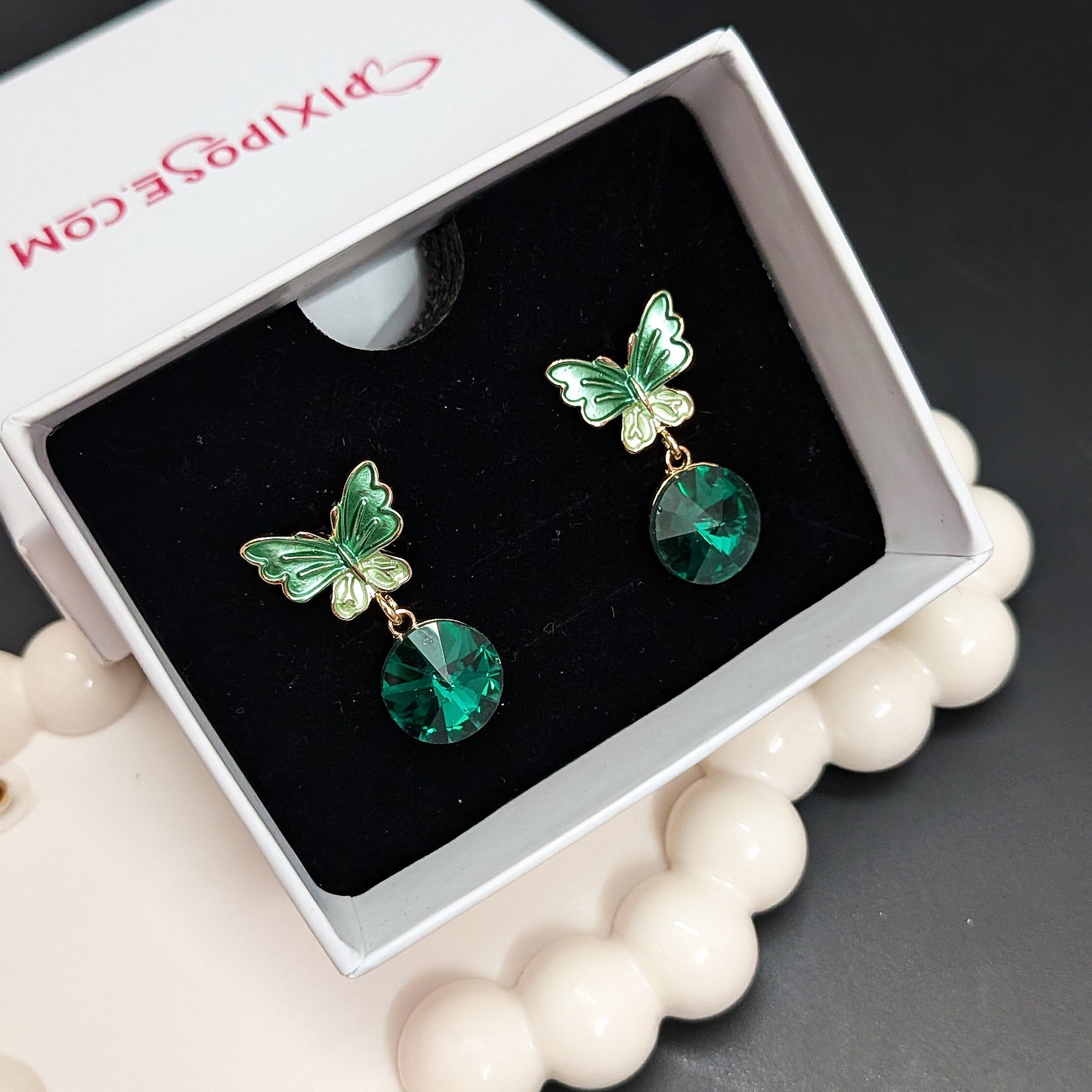 Green Butterfly Stud Earrings with Emerald Crystal Drops