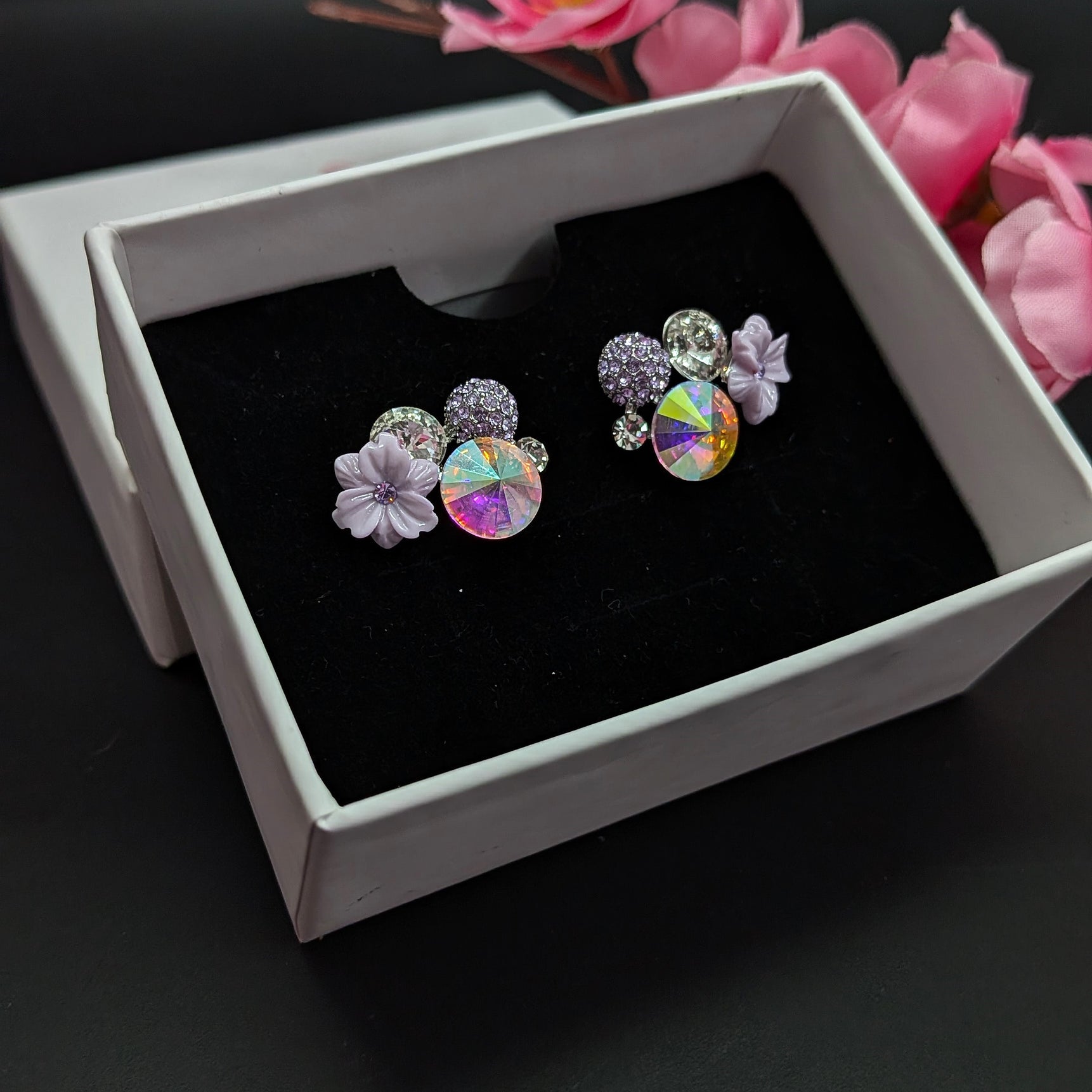 Holographic Crystal & Lavender Flower Stud Earrings – Statement Party Wear