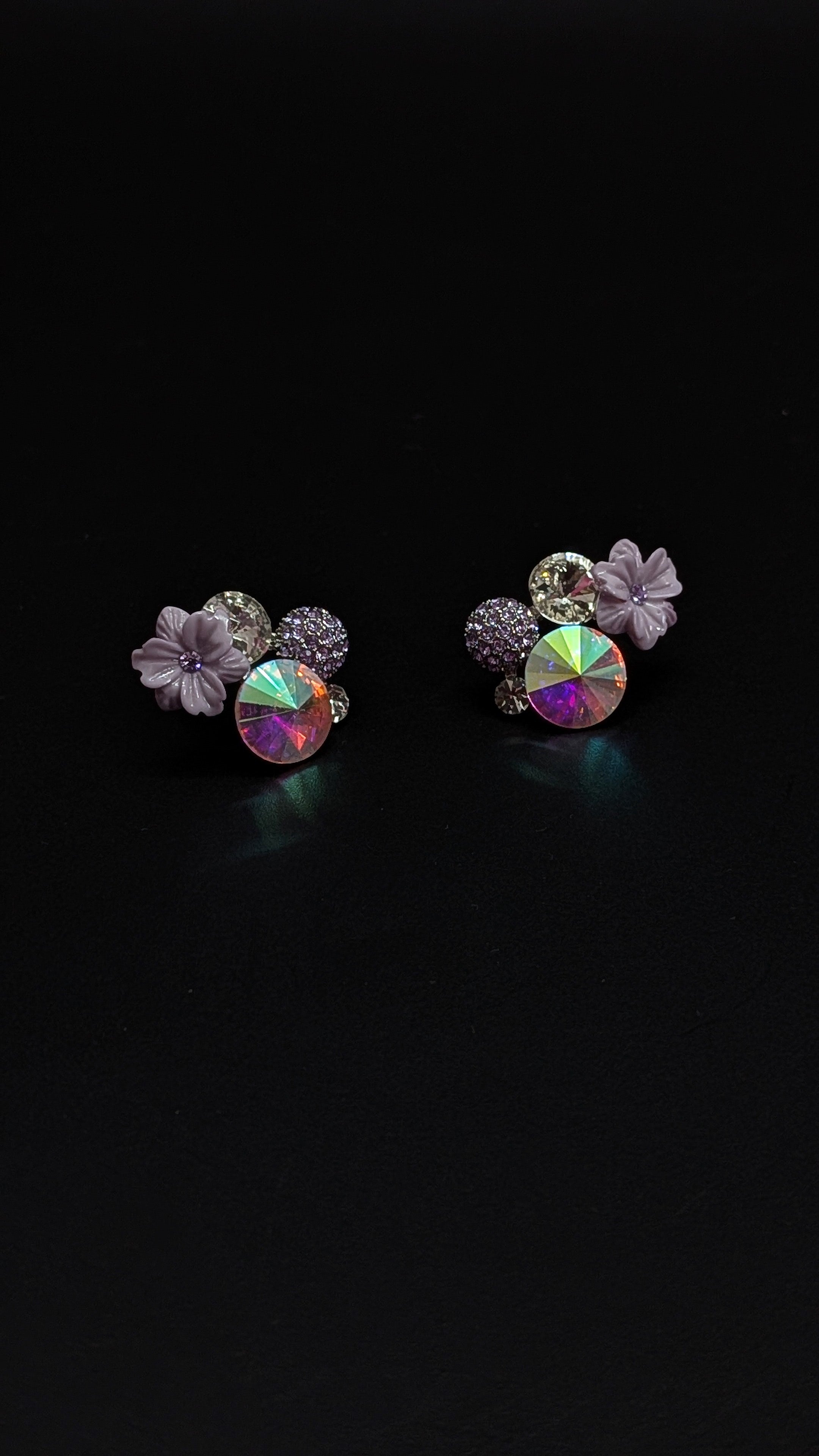 Holographic Crystal & Lavender Flower Stud Earrings – Statement Party Wear