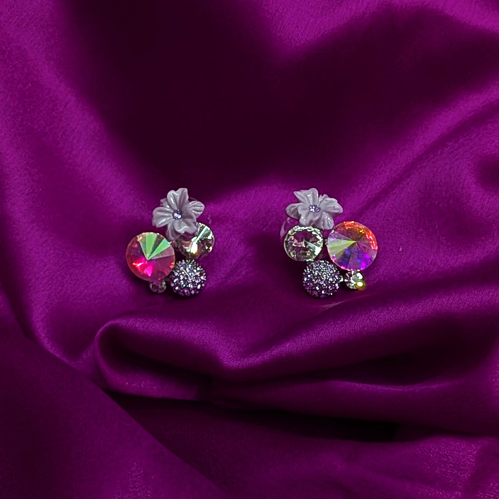 Holographic Crystal & Lavender Flower Stud Earrings – Statement Party Wear
