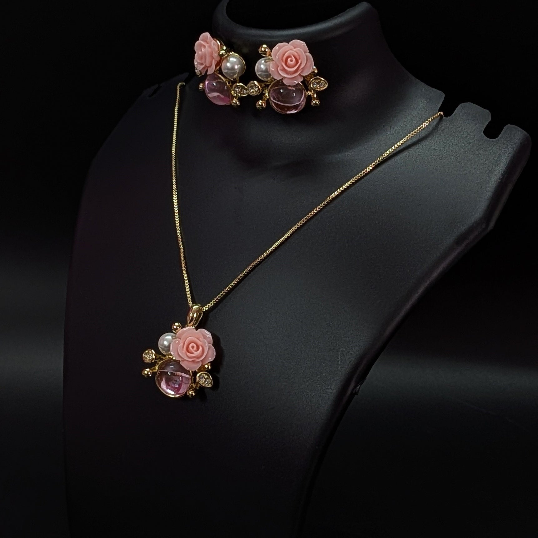 Pink Rose Floral Jewelry Set for Women