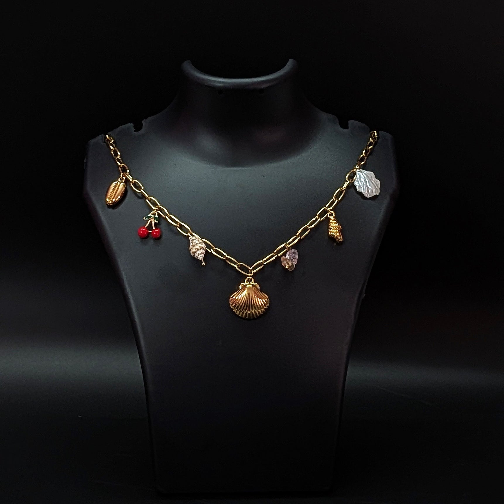Gold Chain Charm Necklace with Seashells, Leaf & Cherry Accents