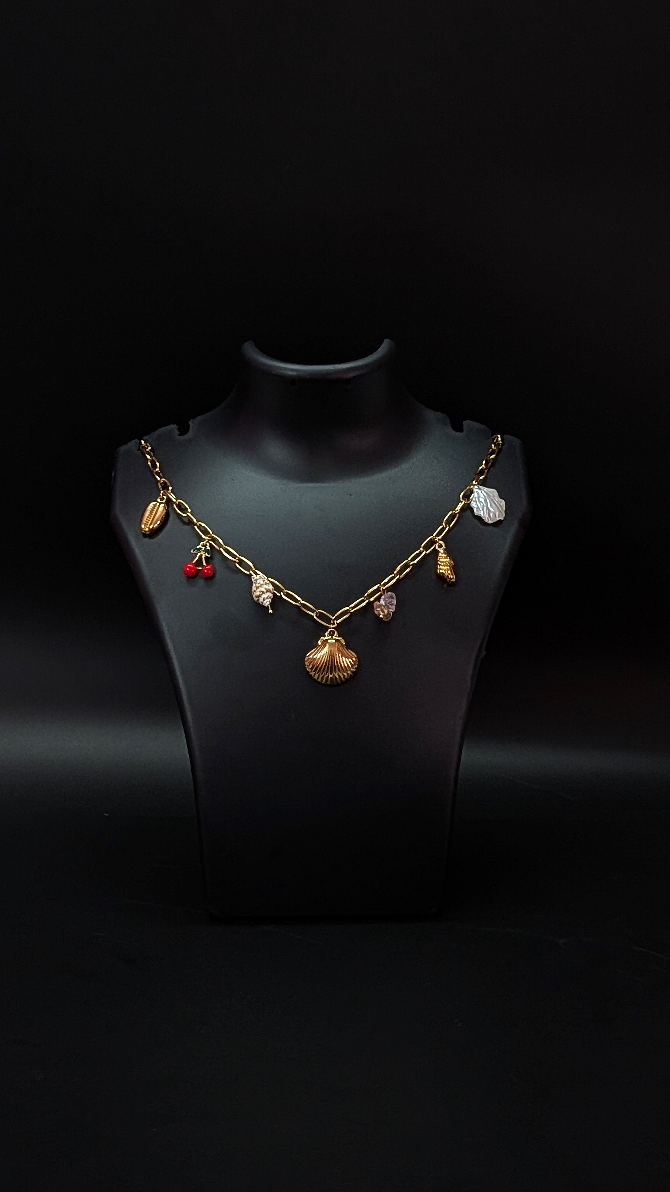 Gold Chain Charm Necklace with Seashells, Leaf & Cherry Accents