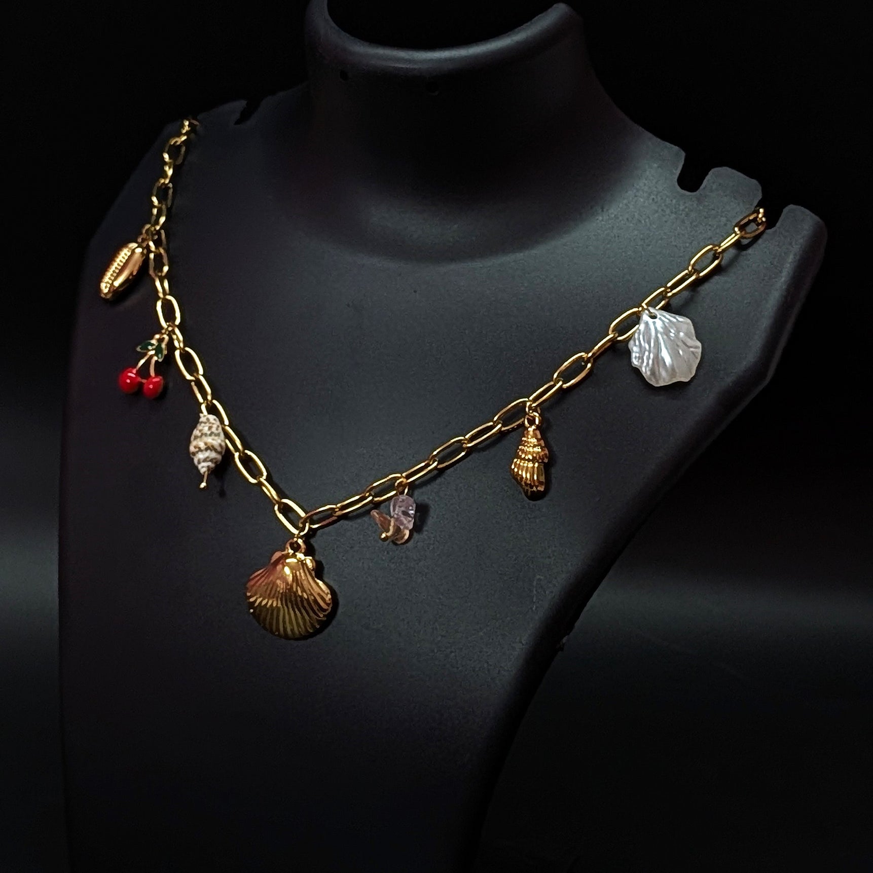 Gold Chain Charm Necklace with Seashells, Leaf & Cherry Accents